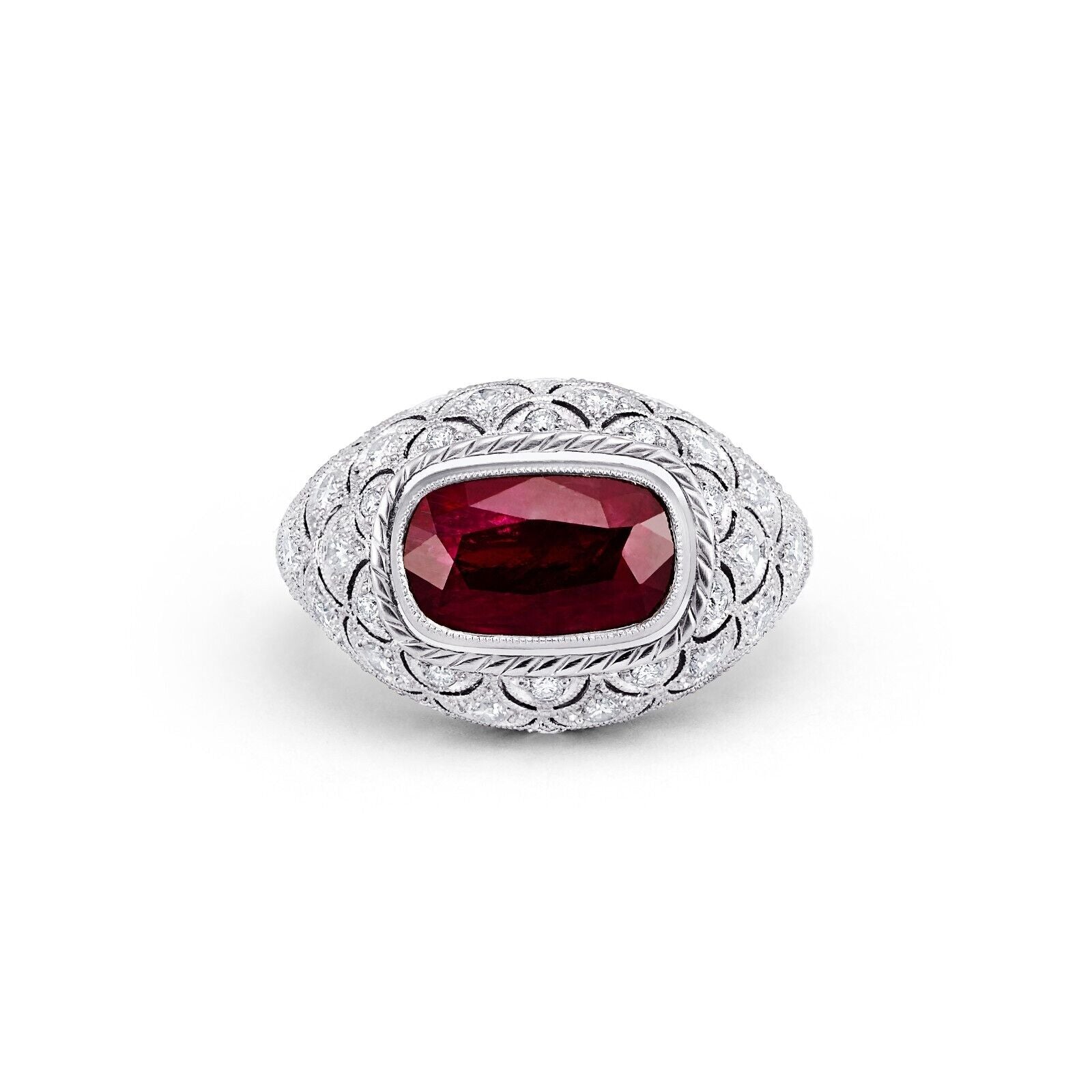 Art Deco Cushion Ruby Diamond Platinum Ring Handmade GIA Antique Finish 5.49 TCW