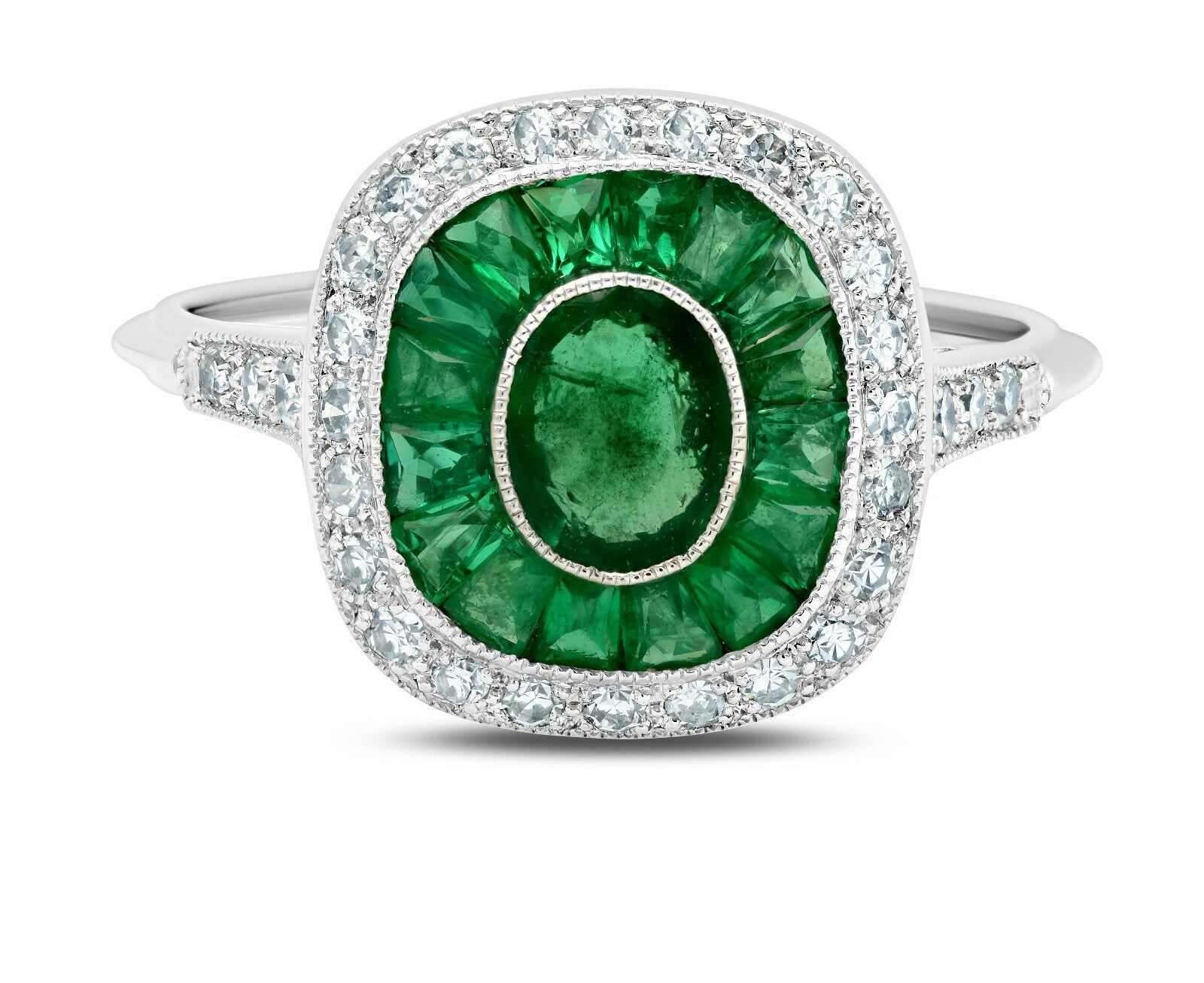 Emerald Diamond Platinum Ring Art Deco Oval Baguette Cocktail Antique Natural