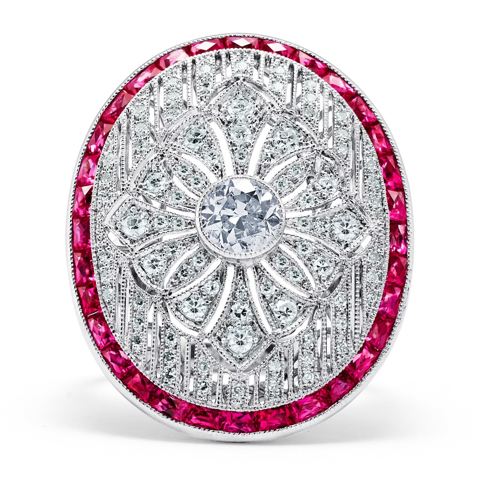 Diamond Ruby Platinum Ring Art Deco Natural Old European Cut Antique Inspired