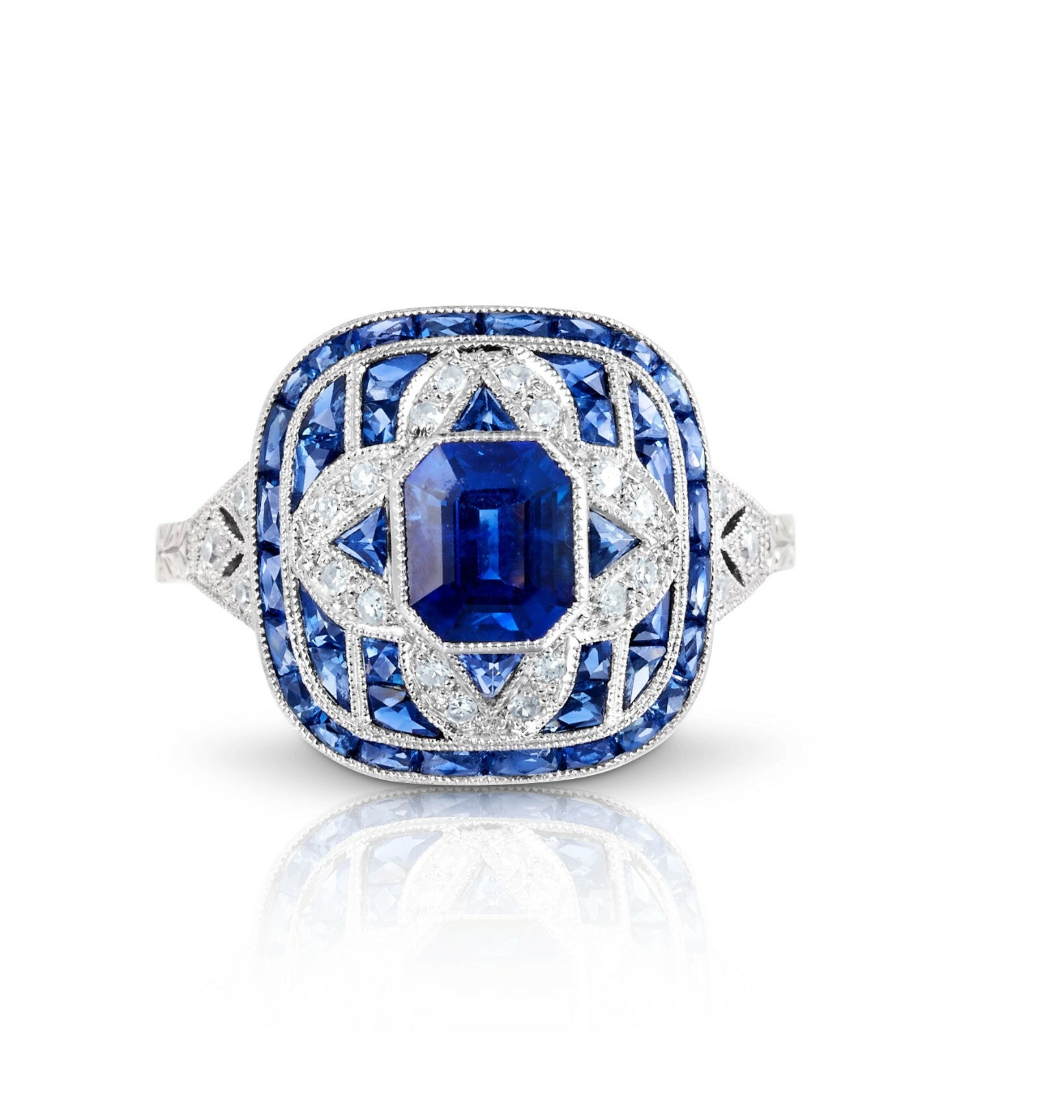 Art Deco Blue Sapphire Diamond Platinum Ring Natural Antique Finish 2.72 CTW