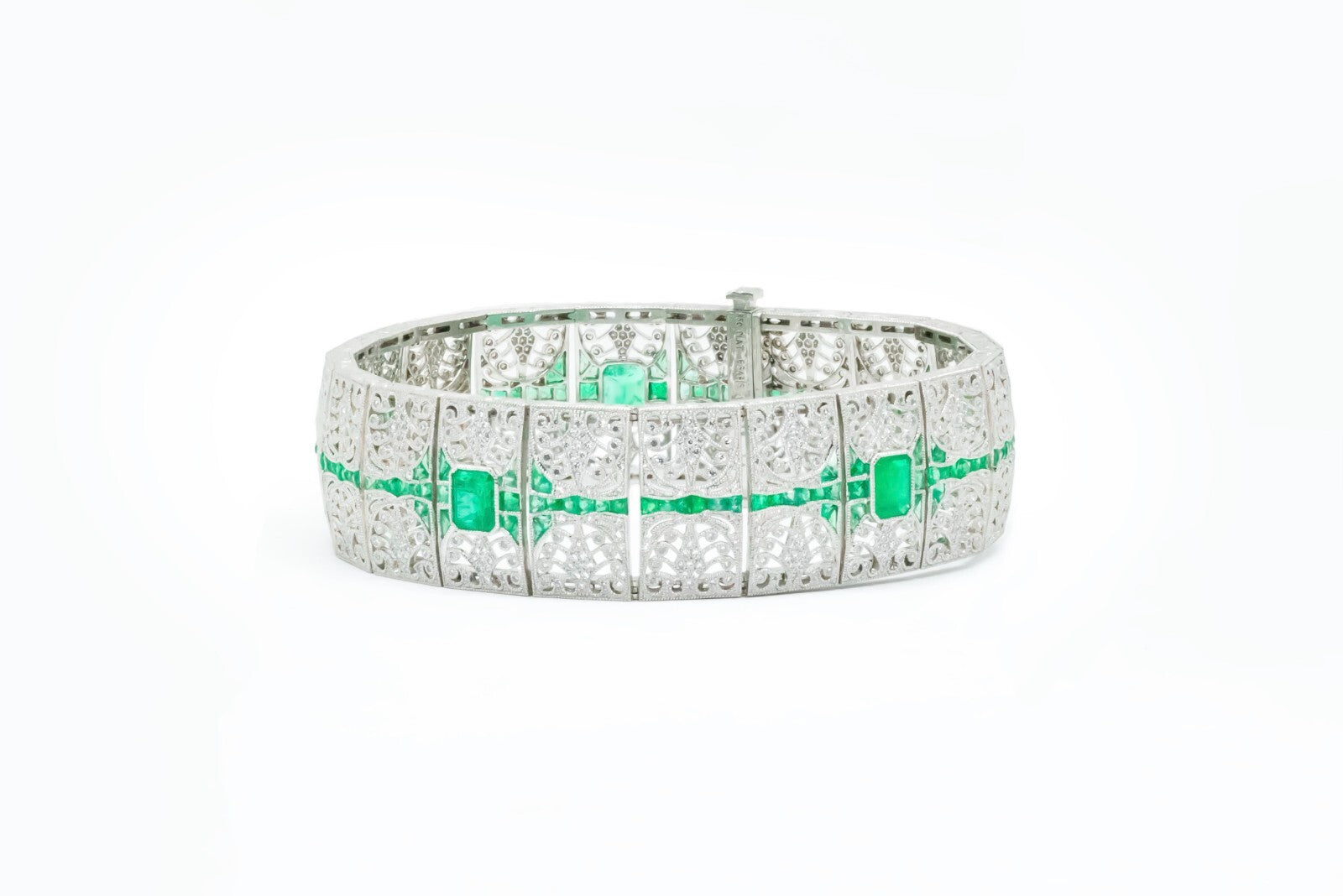 Art Deco Diamond Emerald Platinum Bracelet Handmade Natural 8.14 CTW Certified