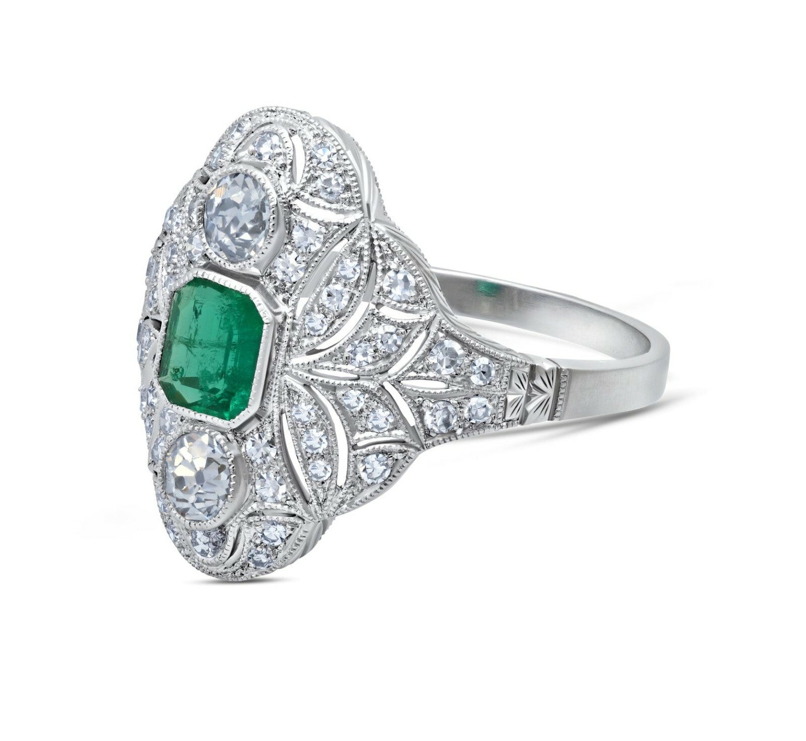 Art Deco Diamond Emerald Platinum Ring Natural 1.04CTW Rose Cut Antique Inspired