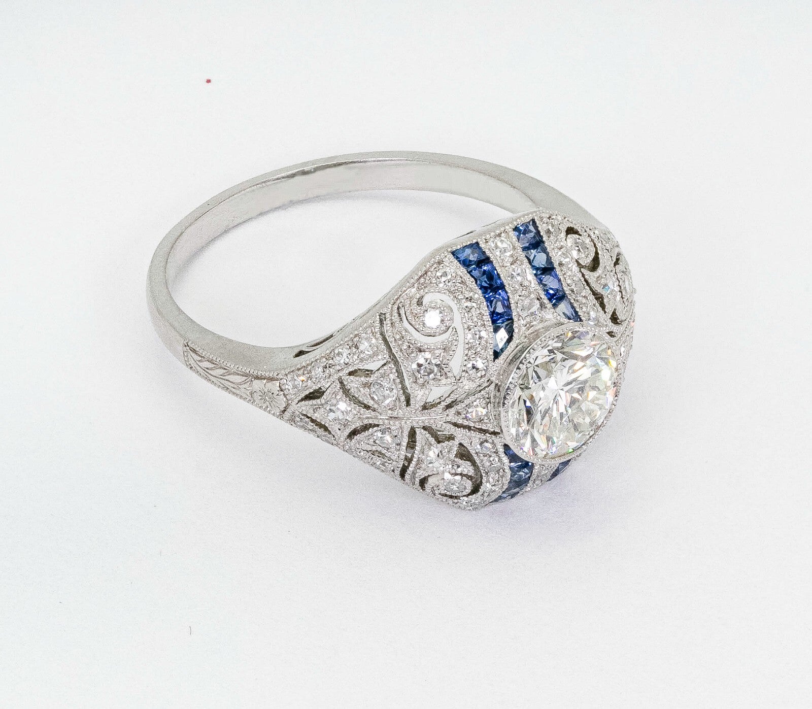 Diamond Blue Sapphire Platinum Engagement Ring Natural 1.30 TCW Art Deco