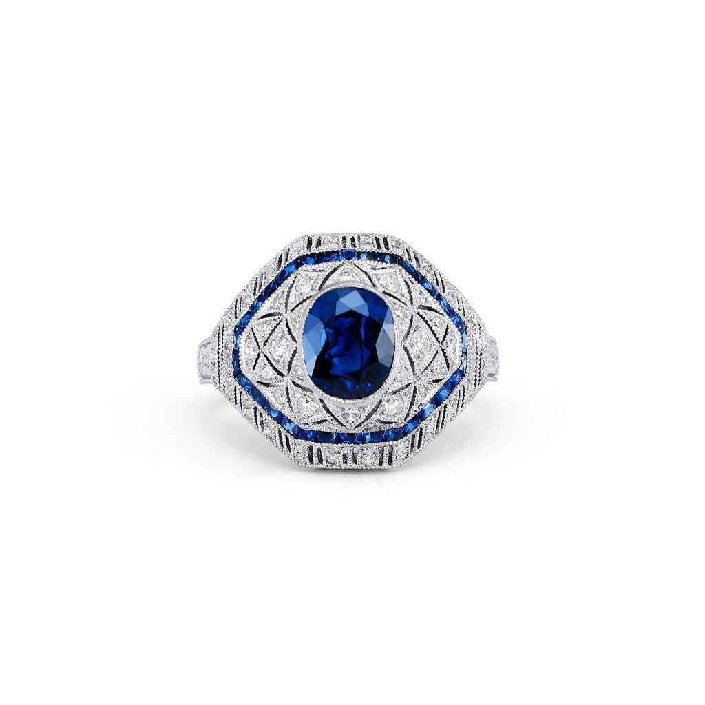 Oval Blue Sapphire Diamond Platinum Ring Art Deco Cocktail Natural 2.51 TCW