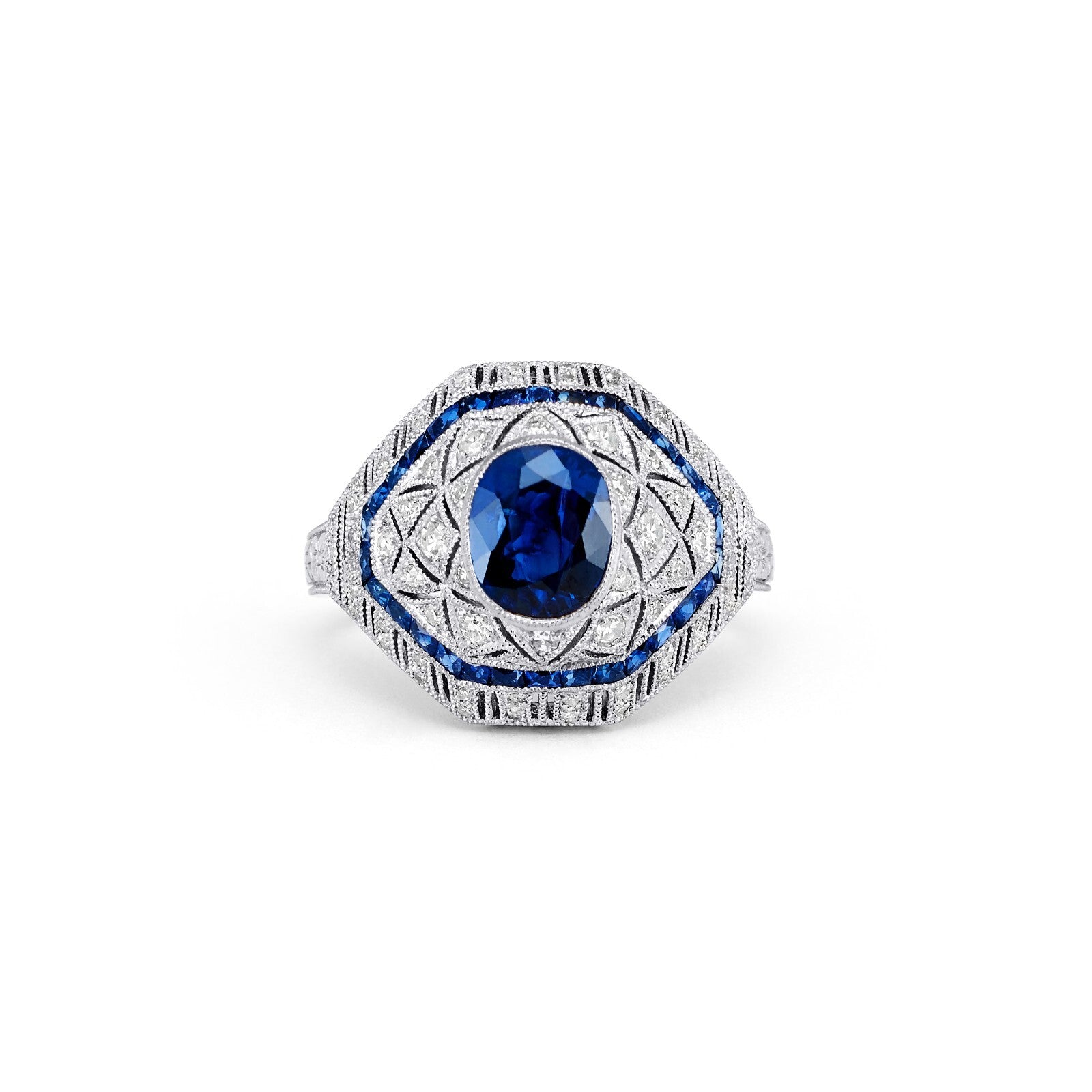 Oval Blue Sapphire Diamond Platinum Ring Art Deco Cocktail Natural 2.51 TCW