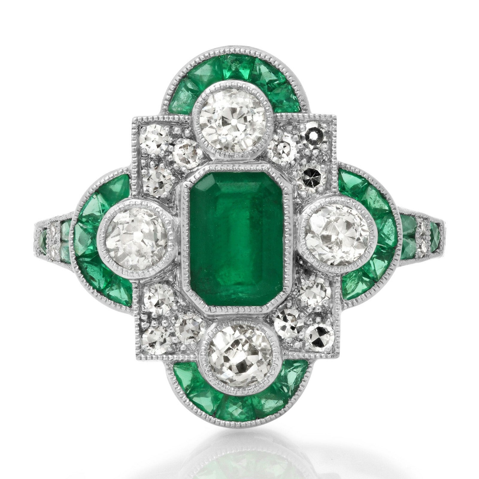Art Deco Emerald Platinum Diamond Ring Antique Design Certified Natural