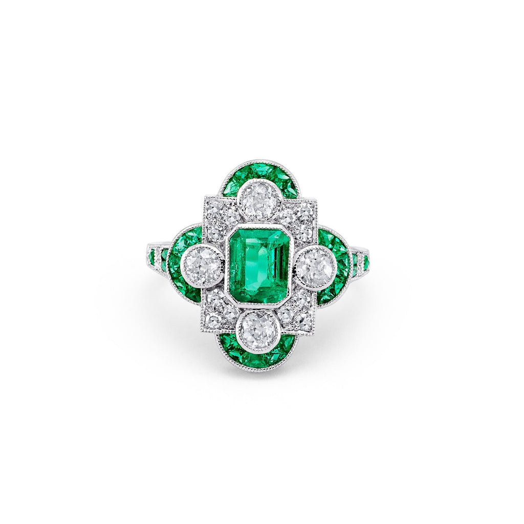 Art Deco Diamond Emerald Platinum Ring Natural 2.08 CTW