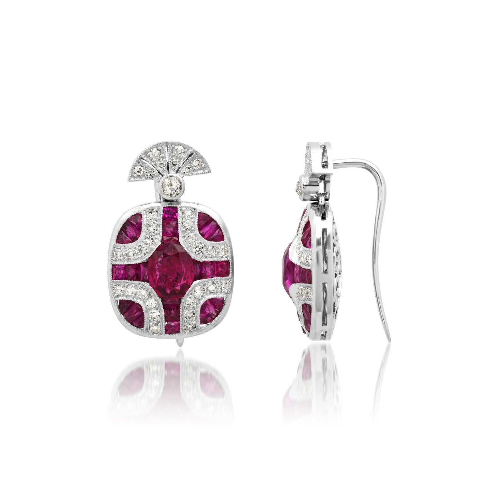 Art Deco Ruby Diamond Platinum Earrings Oval 2.03 TCW Handmade Certified Natural