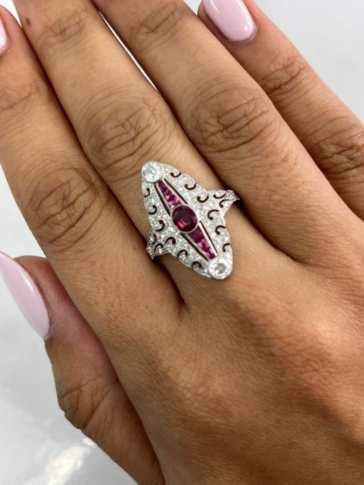 Art Deco Oval Ruby Diamond Platinum Ring Antique Inspired Natural 1.34 CTW