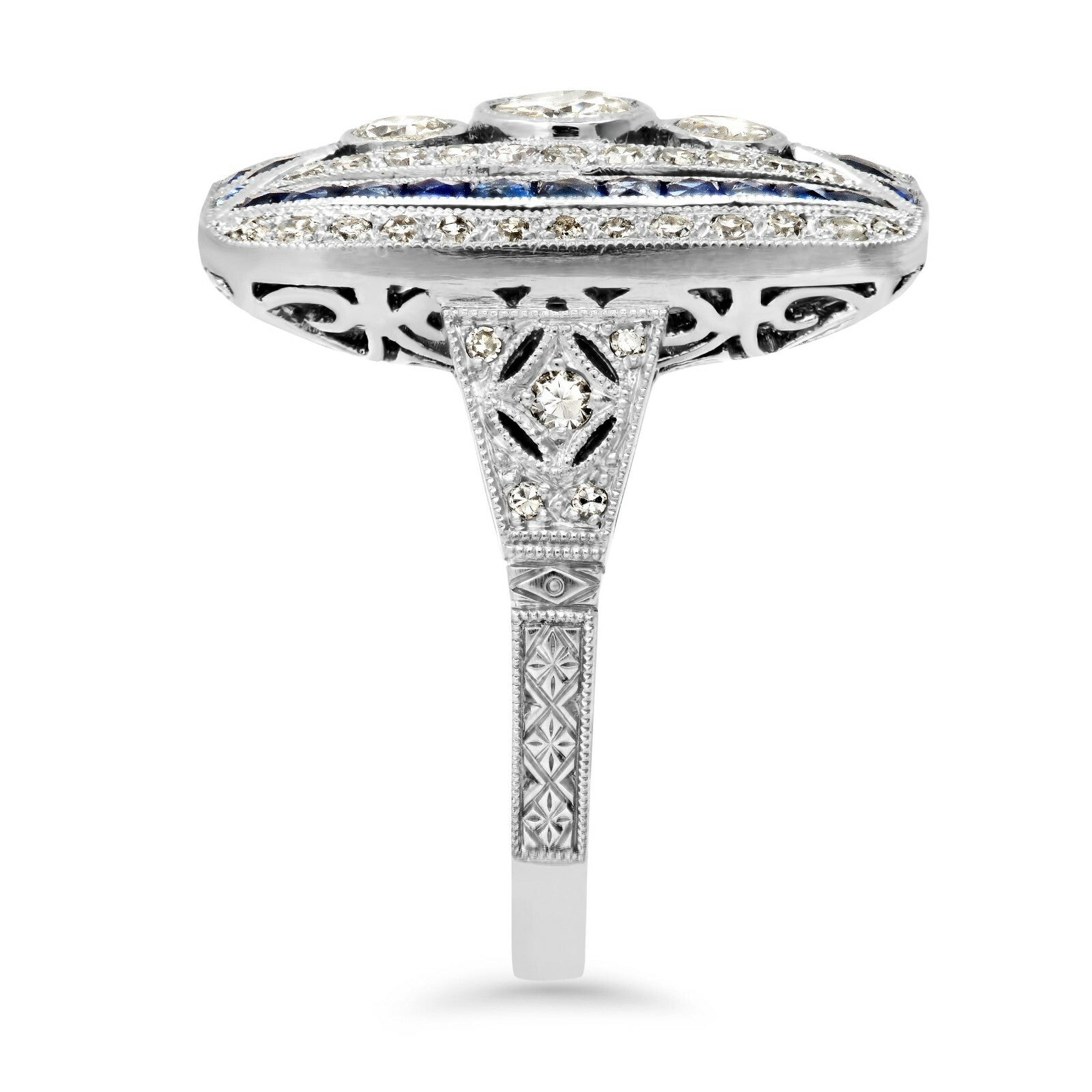 Art Deco Diamond Blue Sapphire Platinum Ring Handmade Antique Finish Cocktail