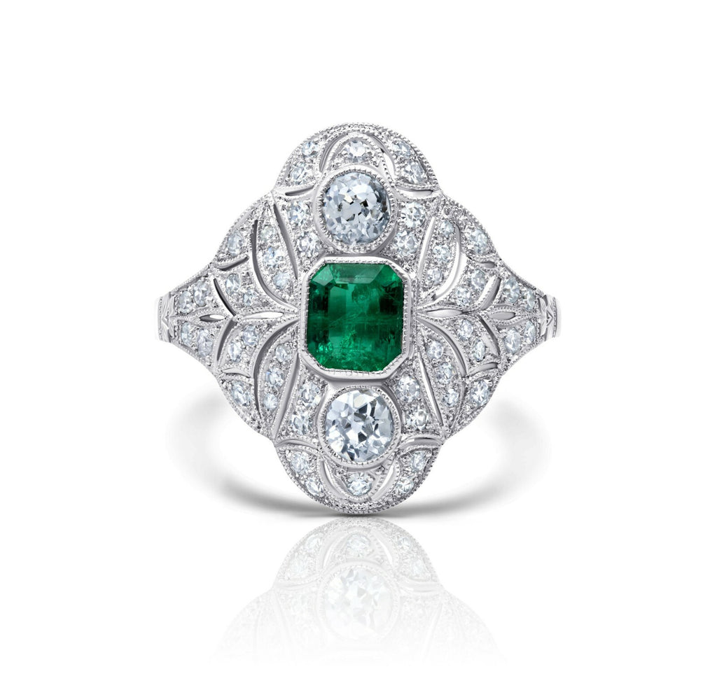 Art Deco Diamond Emerald Platinum Ring Natural 1.04CTW Rose Cut Antique Inspired