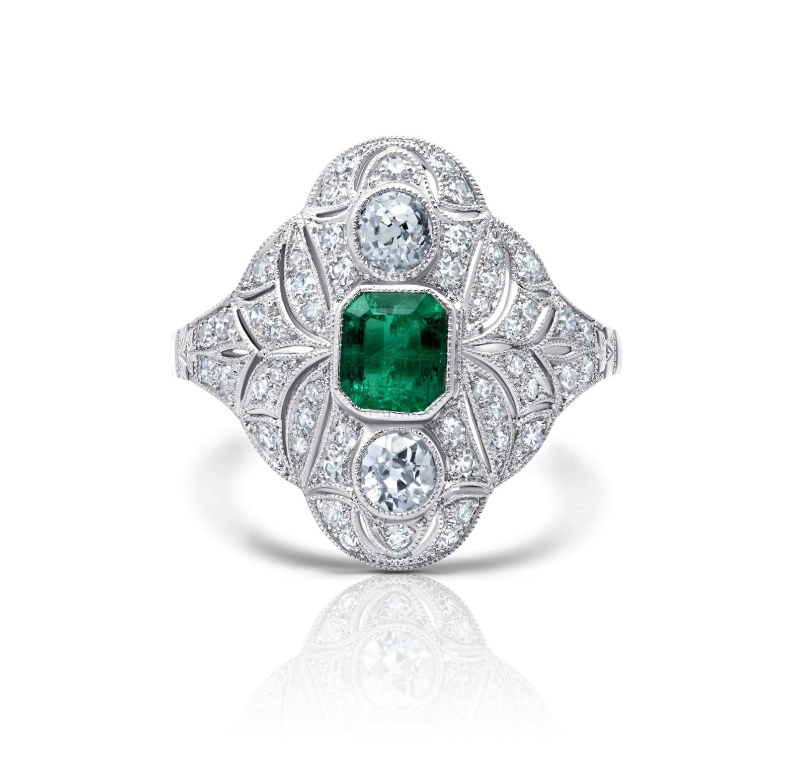 Art Deco Diamond Emerald Platinum Ring Natural 1.04CTW Rose Cut Antique Inspired