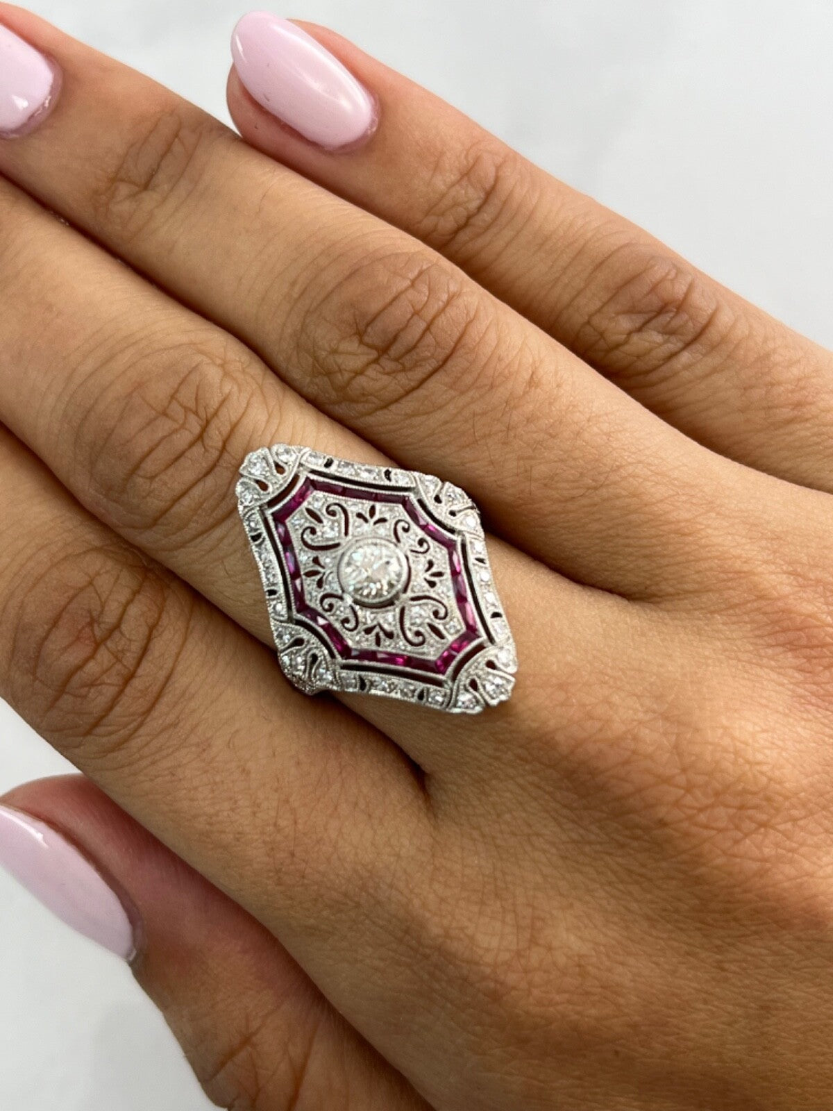 Art Deco Diamond Ruby Platinum Ring Antique Design Handmade Natural 1.10 CTW