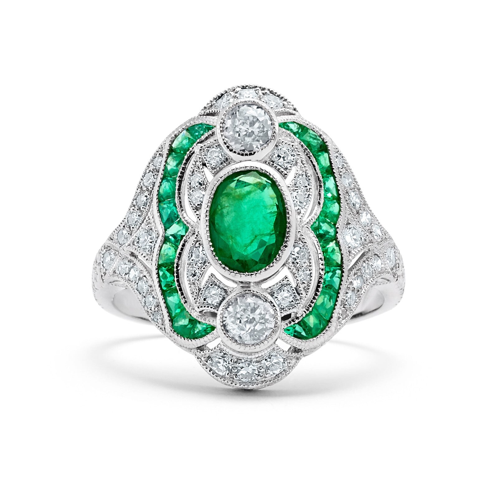 Art Deco Emerald Platinum Diamond Ring Cocktail Right Hand Old Mine European