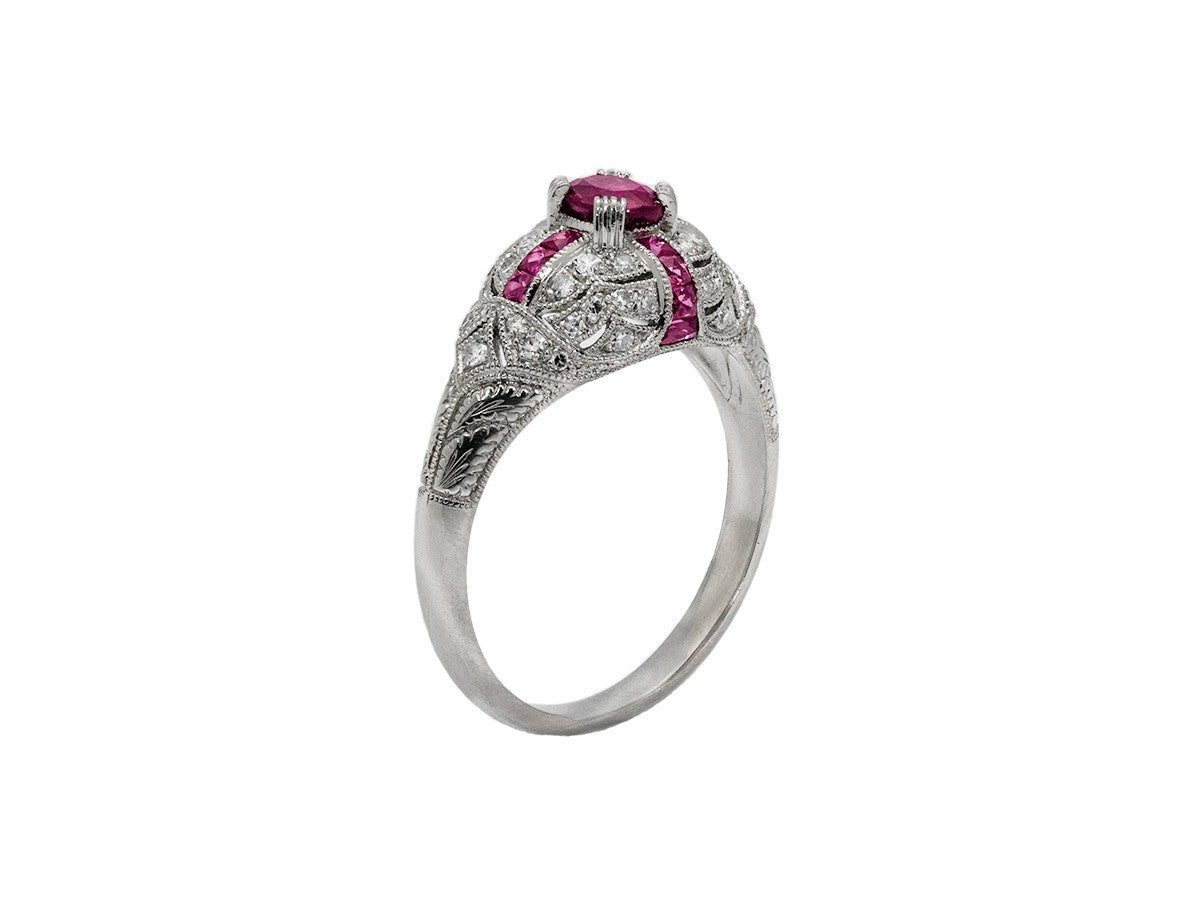 Art Deco Ruby Diamond Platinum Ring Antique Inspired Natural Handmade Certified
