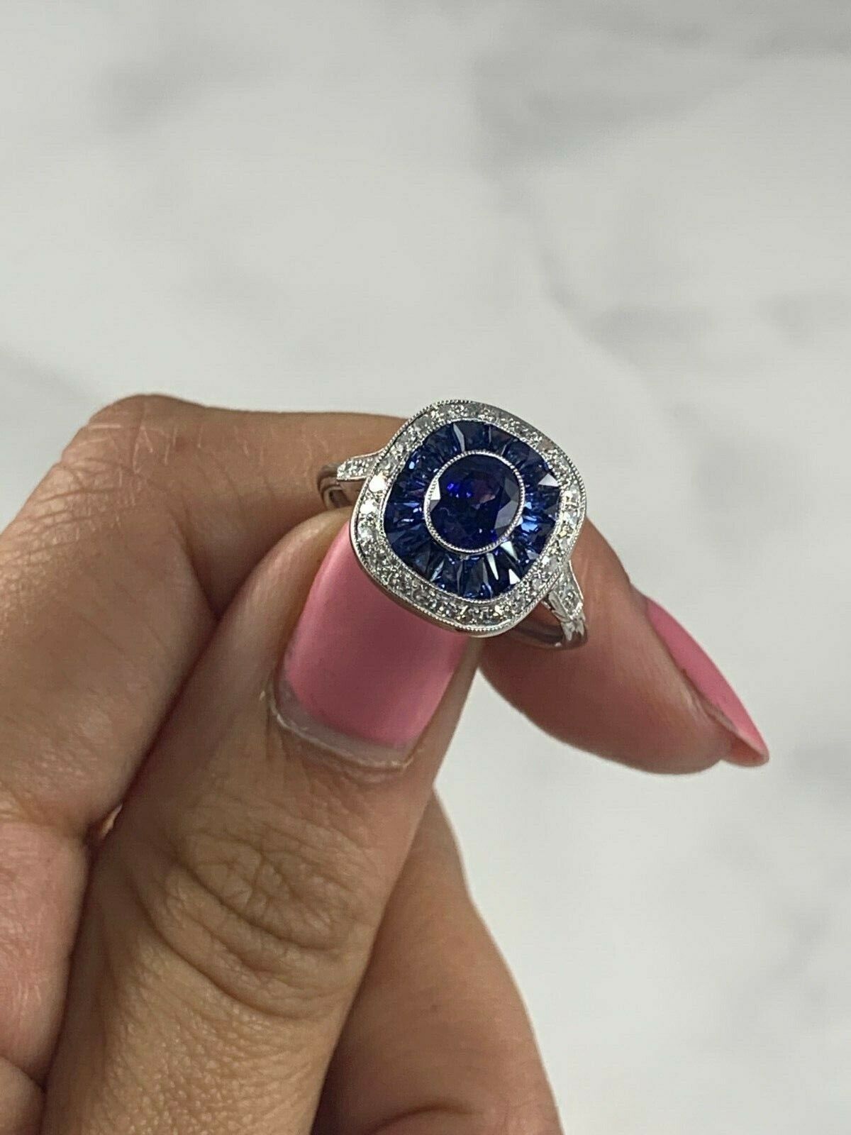 Blue Sapphire Diamond Platinum Ring Art Deco Natural French Cut Baguette 3.12CTW
