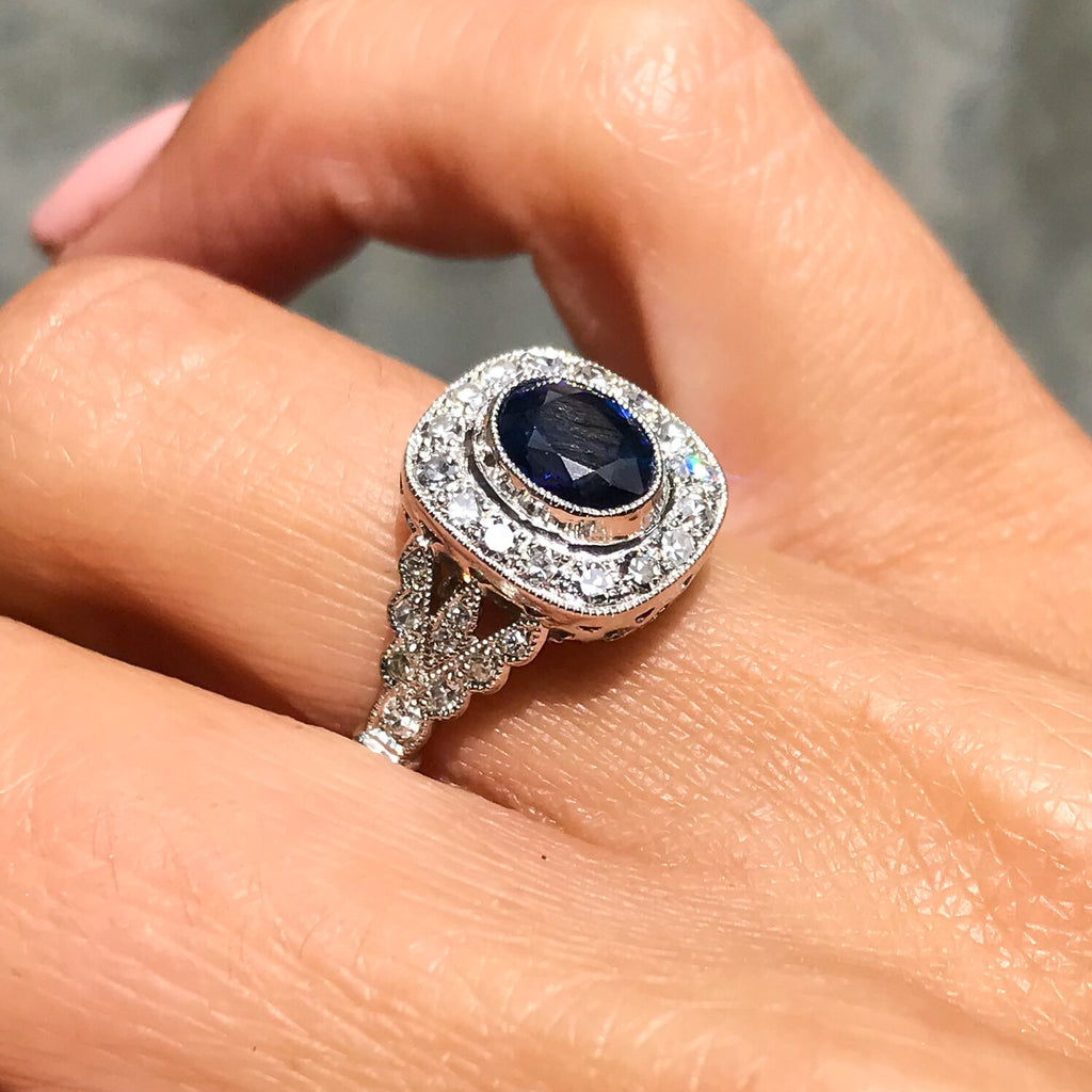 Blue Sapphire Diamond Platinum Engagement Ring Oval Antique Art Deco 1.97 CTW