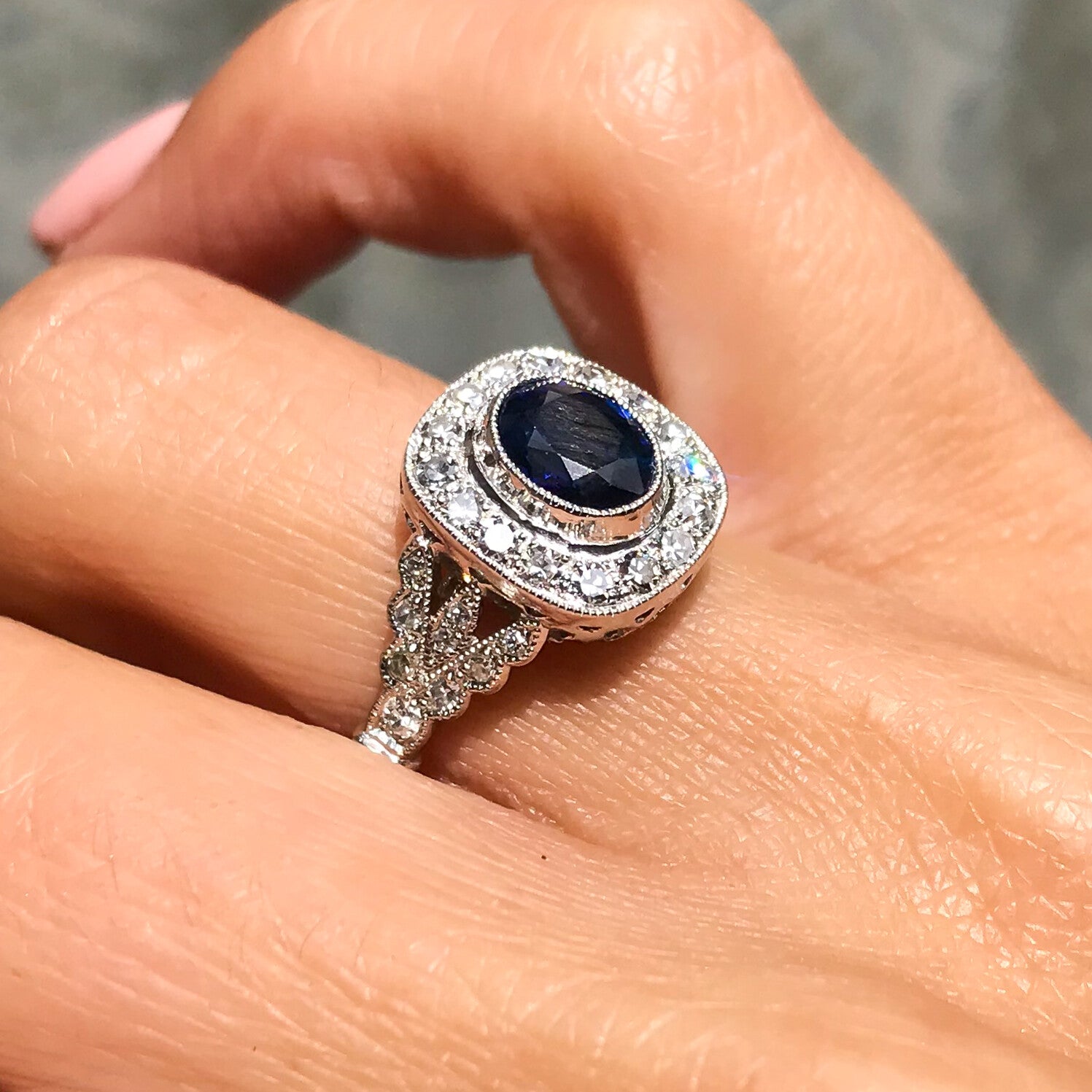 Blue Sapphire Diamond Platinum Engagement Ring Oval Antique Art Deco 1.97 CTW