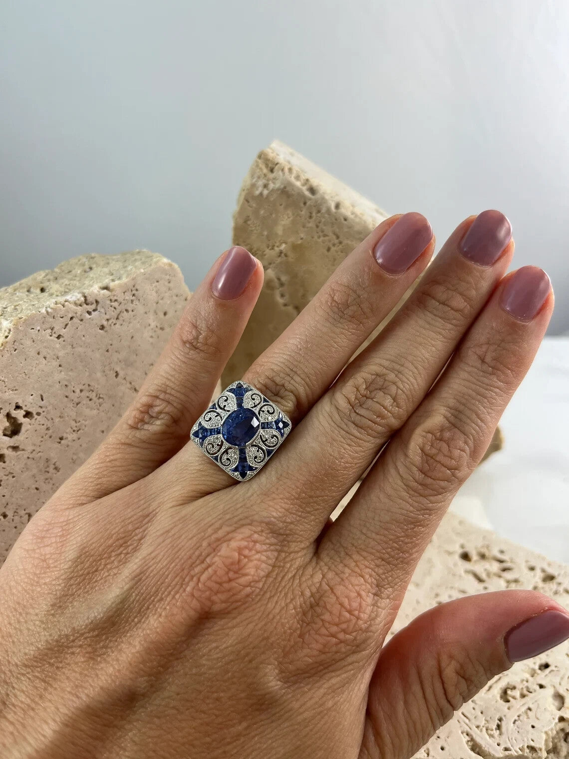 Art Deco Inspired Oval Sapphire Diamond Platinum Ring Natural 4.89 CTW Certified