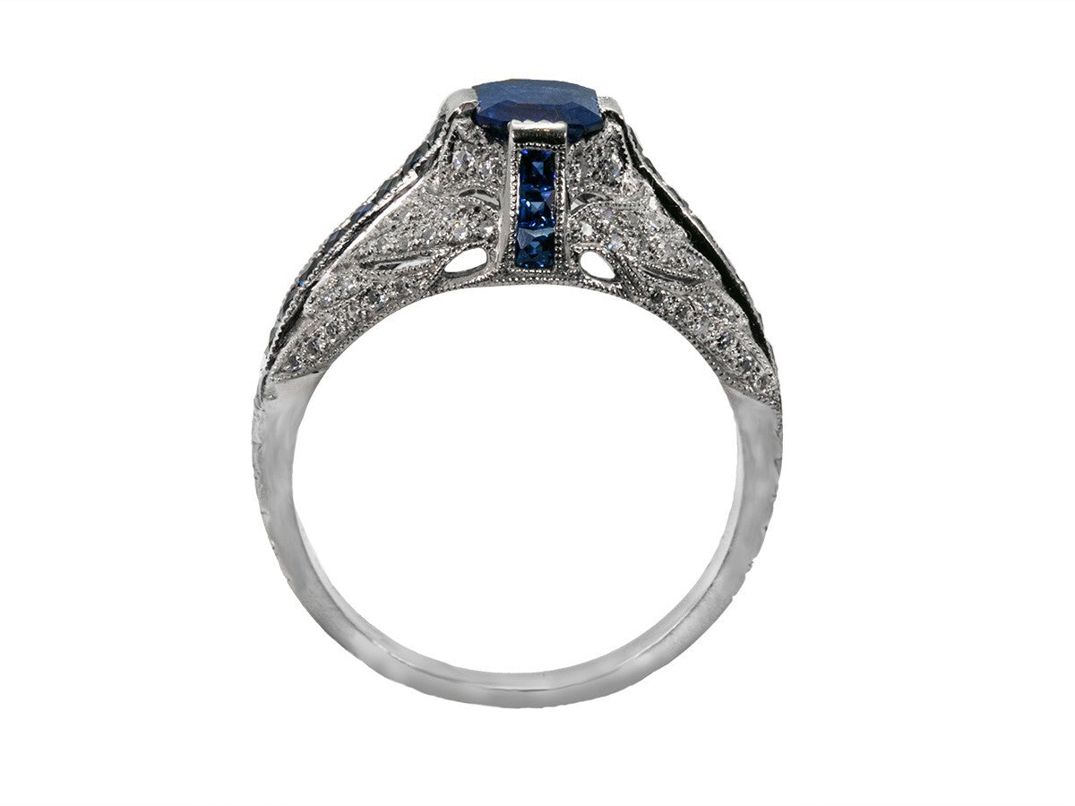 Blue Sapphire Diamond Platinum Engagement Ring Art Deco Natural
