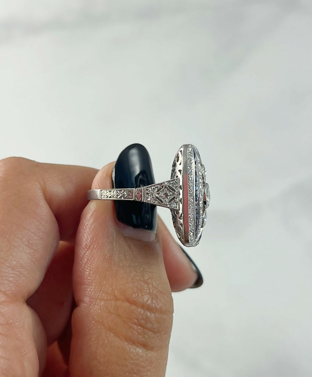 Art Deco Diamond Blue Sapphire Platinum Ring Handmade Antique Finish Cocktail