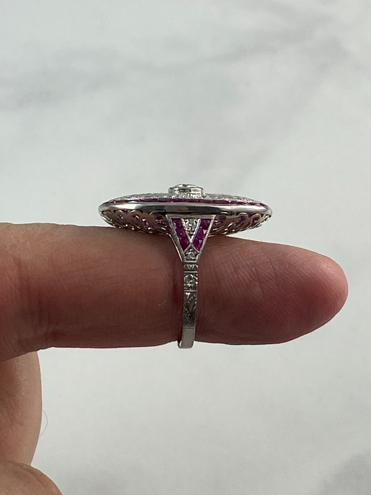 Diamond Ruby Platinum Ring Art Deco Natural Old European Cut Antique Inspired
