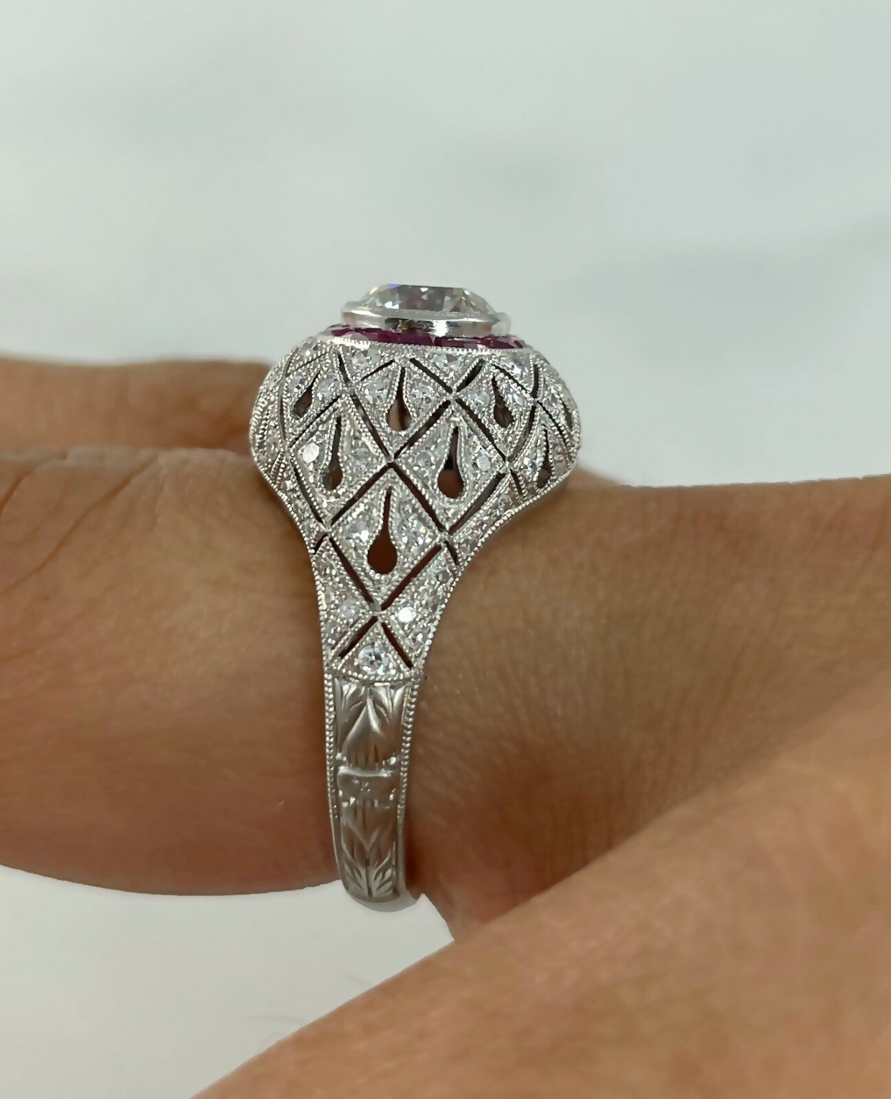 Platinum Diamond Ruby Ring Art Deco Inspired Natural 1.74 TCW