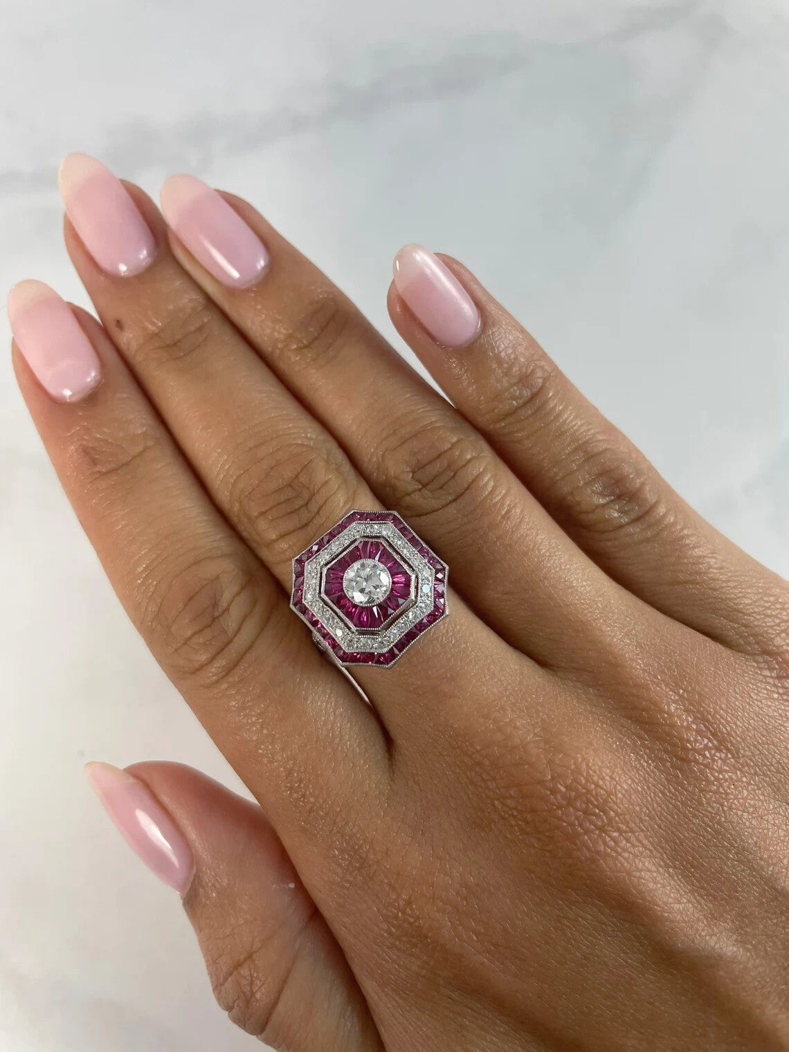 Diamond Ruby Platinum Engagement Ring Art Deco Natural 2.18 TCW Antique Inspired