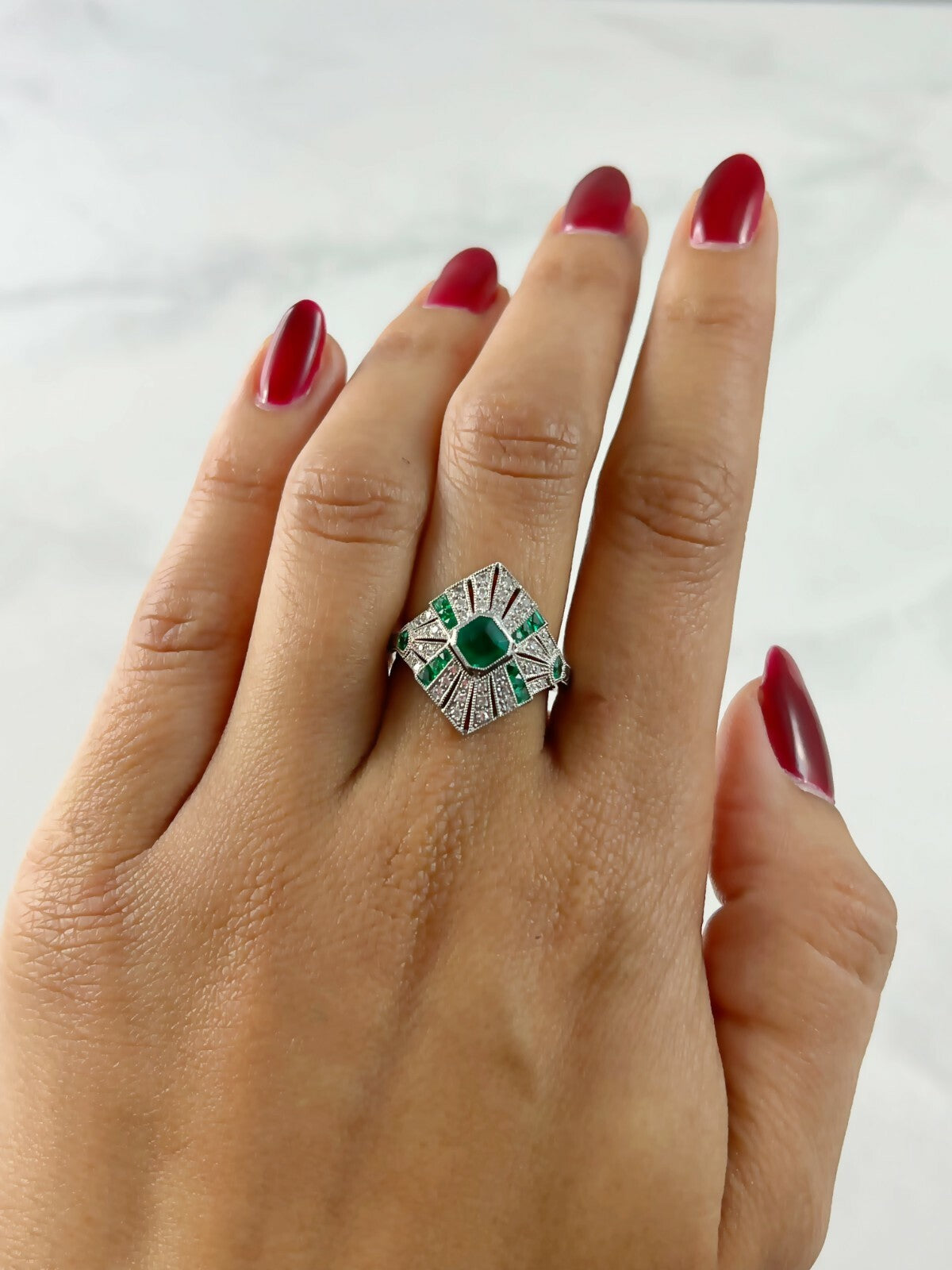 Emerald Platinum Diamond Ring Art Deco Natural 1.51 CTW