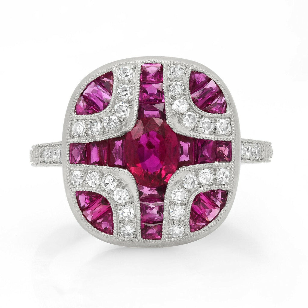 Ruby Diamond Art Deco Platinum Ring Handmade Certified Natural Antique Finish