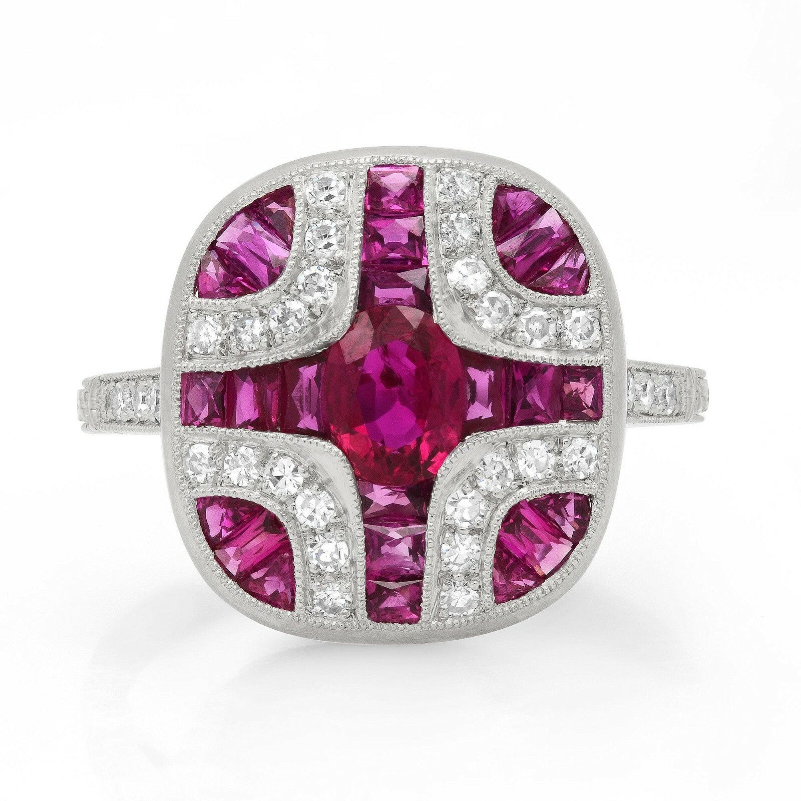 Ruby Diamond Art Deco Platinum Ring Handmade Certified Natural Antique Finish