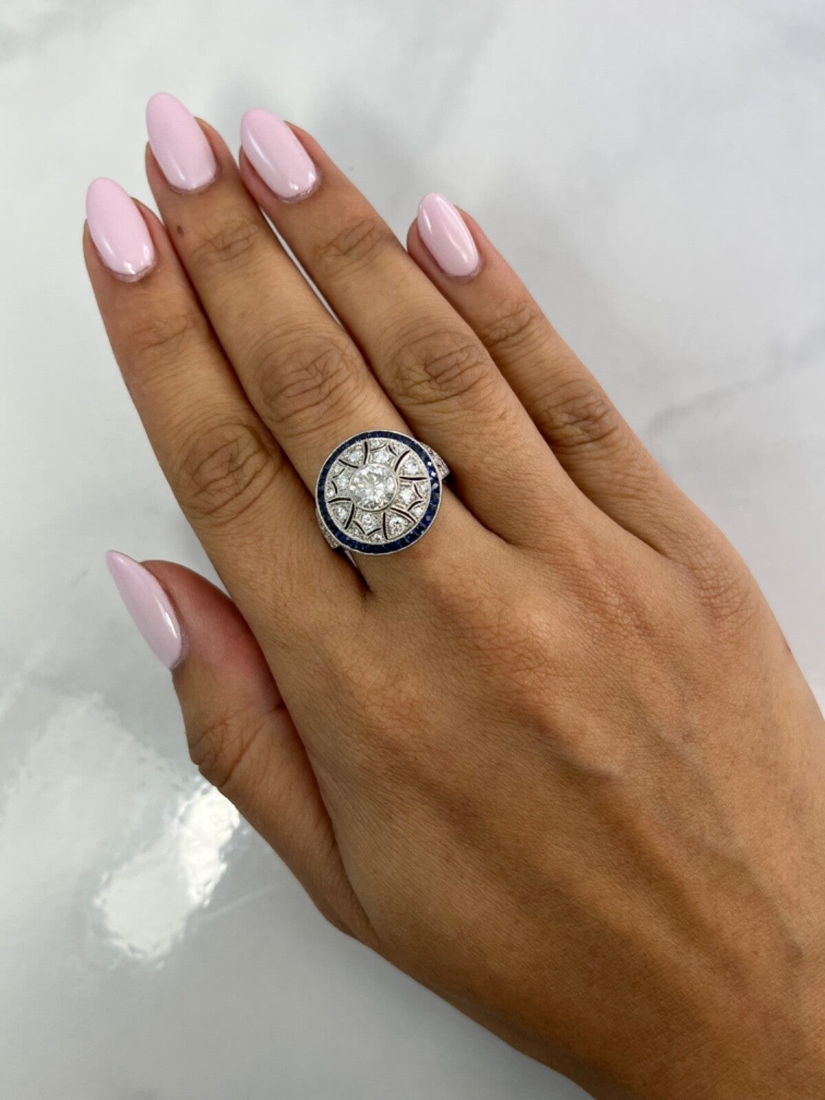 Art Deco Diamond Blue Sapphire Platinum Ring Cocktail 2.20 TCW Natural