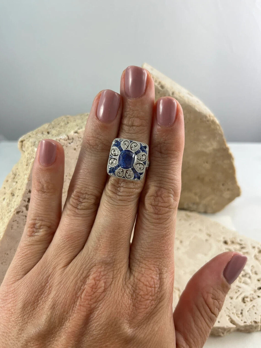 Art Deco Inspired Oval Sapphire Diamond Platinum Ring Natural 4.89 CTW Certified