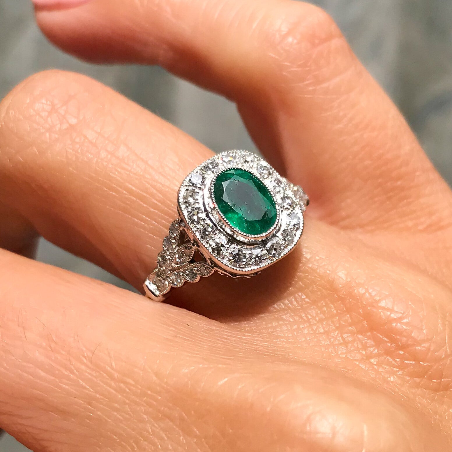 Emerald Diamond Platinum Engagement Ring Art Deco Natural 1.97 TCW Oval round