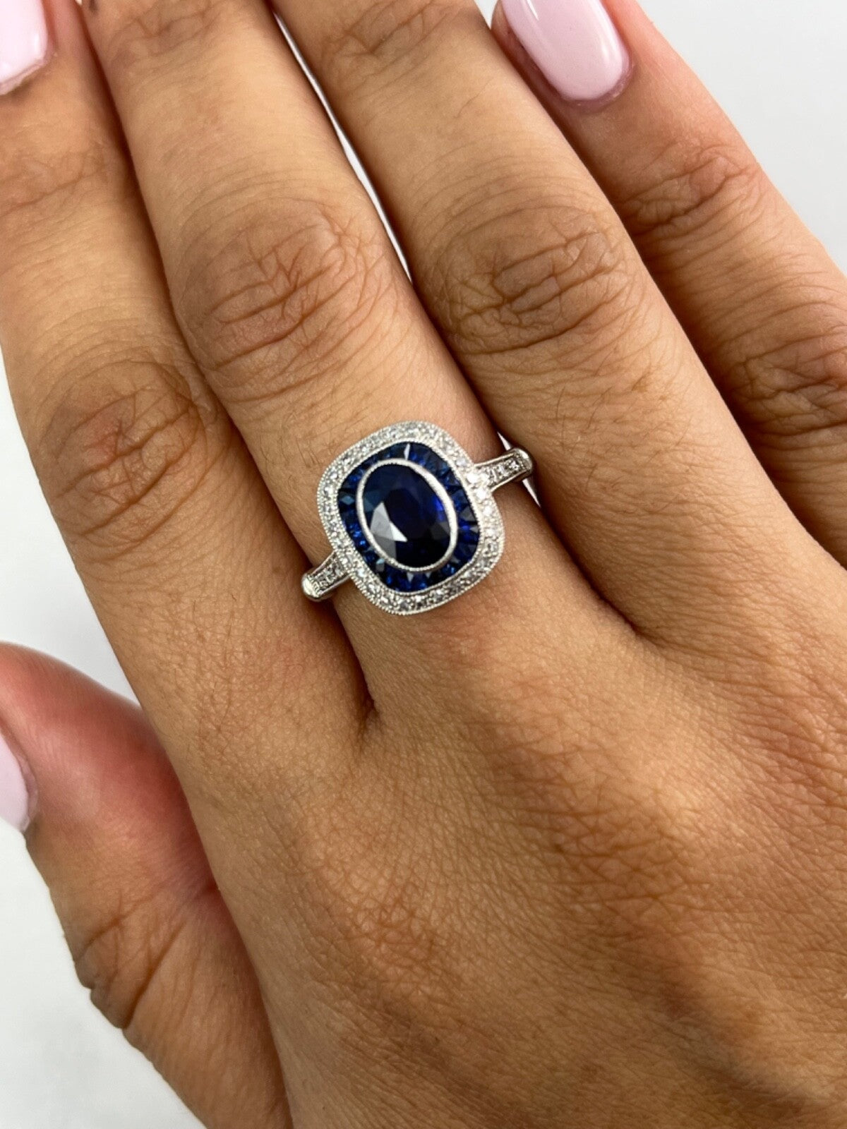 Blue Sapphire Diamond Platinum Engagement Ring Art Deco Natural 1.60CTW Handmade