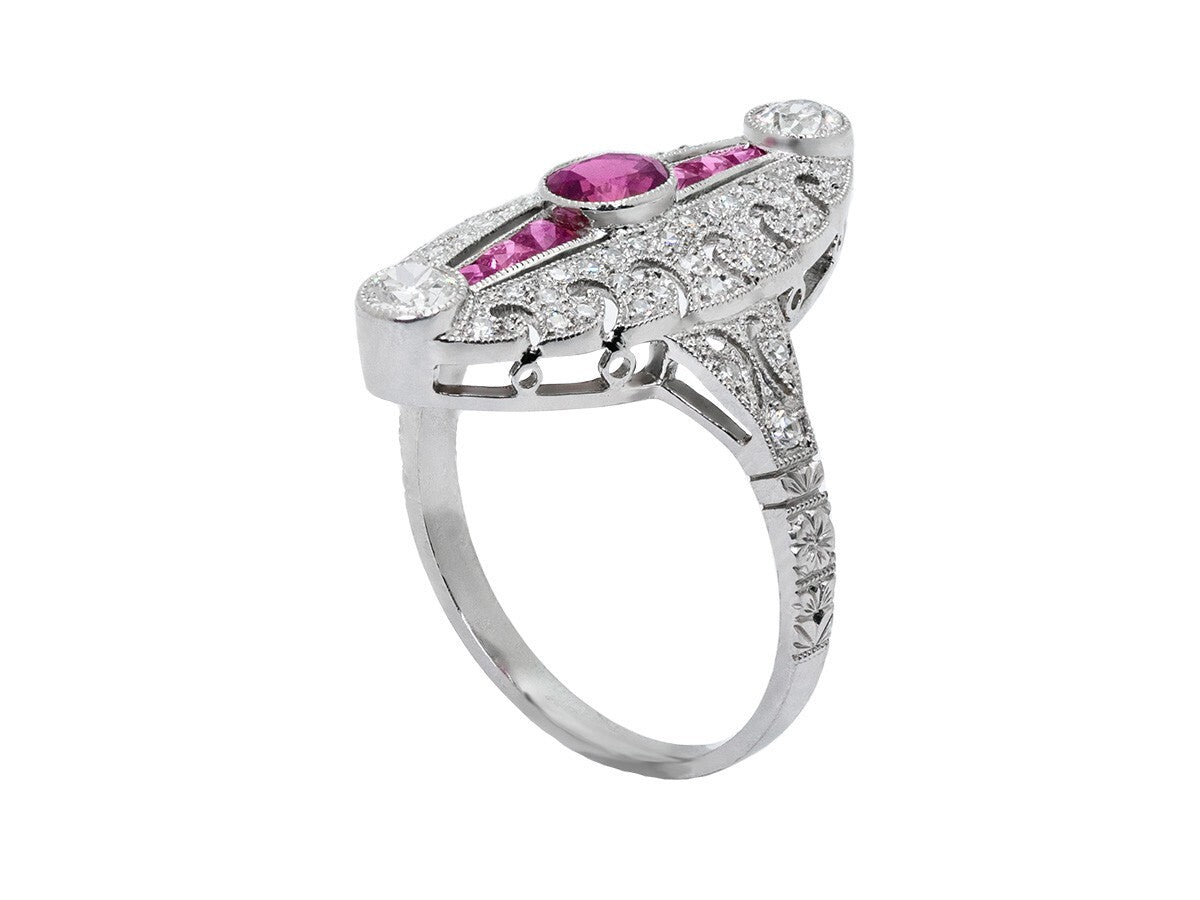 Art Deco Oval Ruby Diamond Platinum Ring Antique Inspired Natural 1.34 CTW