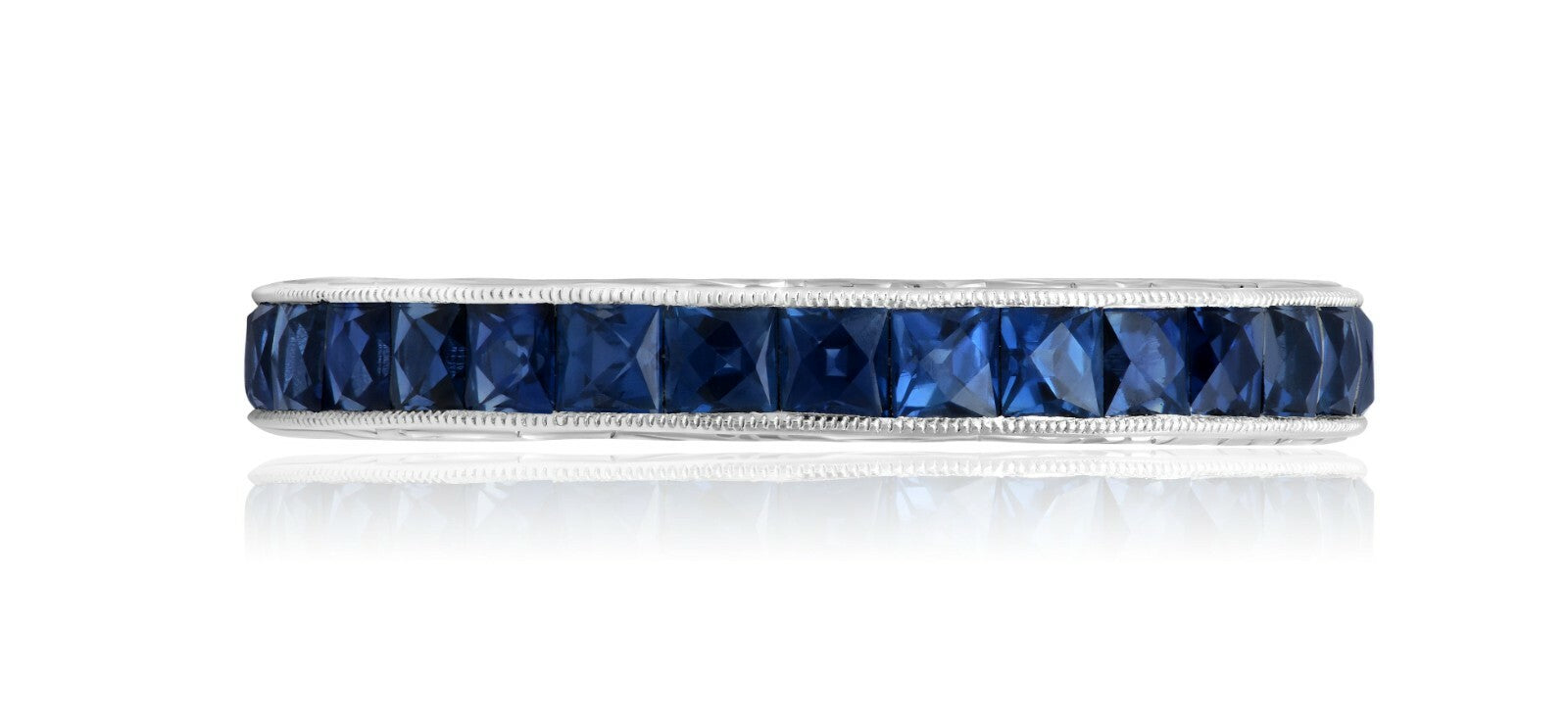 Art Deco Sapphire Eternity Ring 14K White Gold Princess Cut Natural 3.54CT