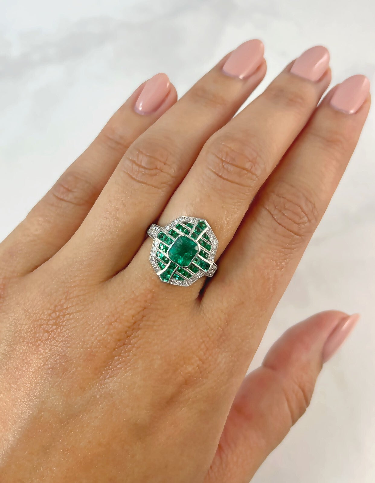 Art Deco Emerald Platinum Diamond Ring Old Mine European Cut Natural 1.58 CTW