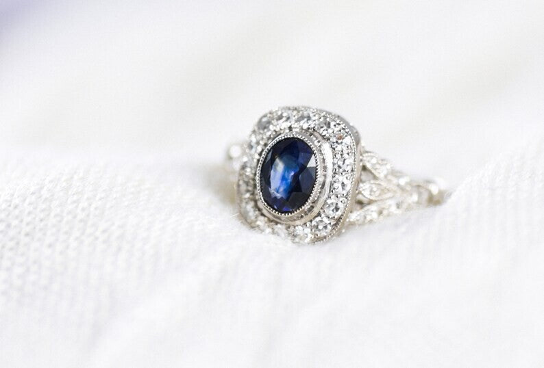 Blue Sapphire Diamond Platinum Engagement Ring Oval Antique Art Deco 1.97 CTW