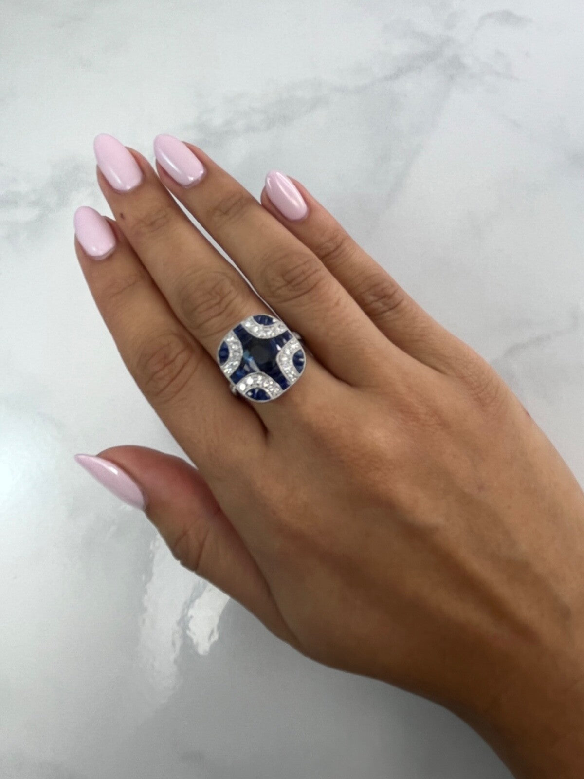 Art Deco Blue Sapphire Diamond Platinum Ring Handmade Oval Cut Antique Inspired