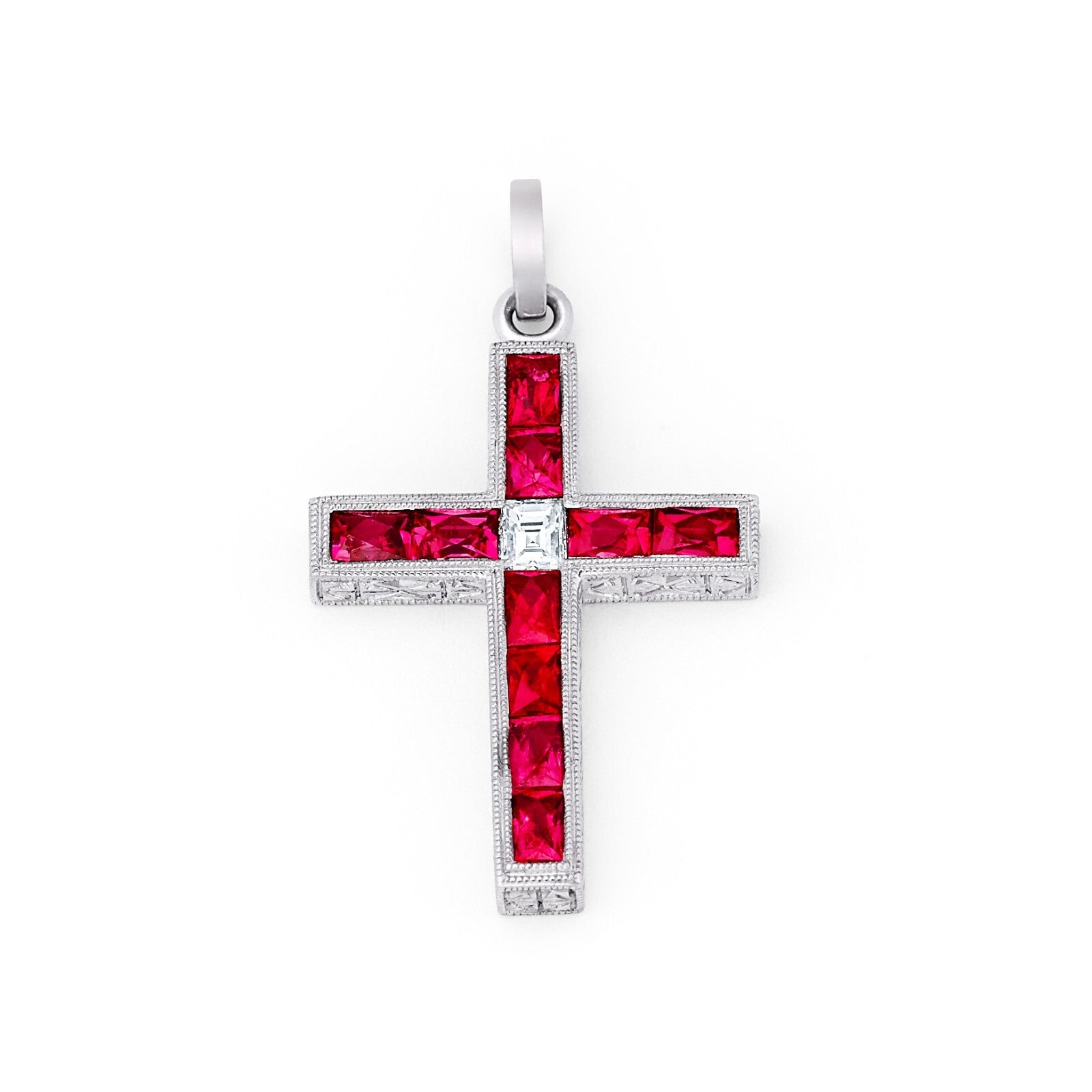 Ruby Diamond Cross Pendant Necklace Platinum Art Deco Natural 1.00 CTW Handmade