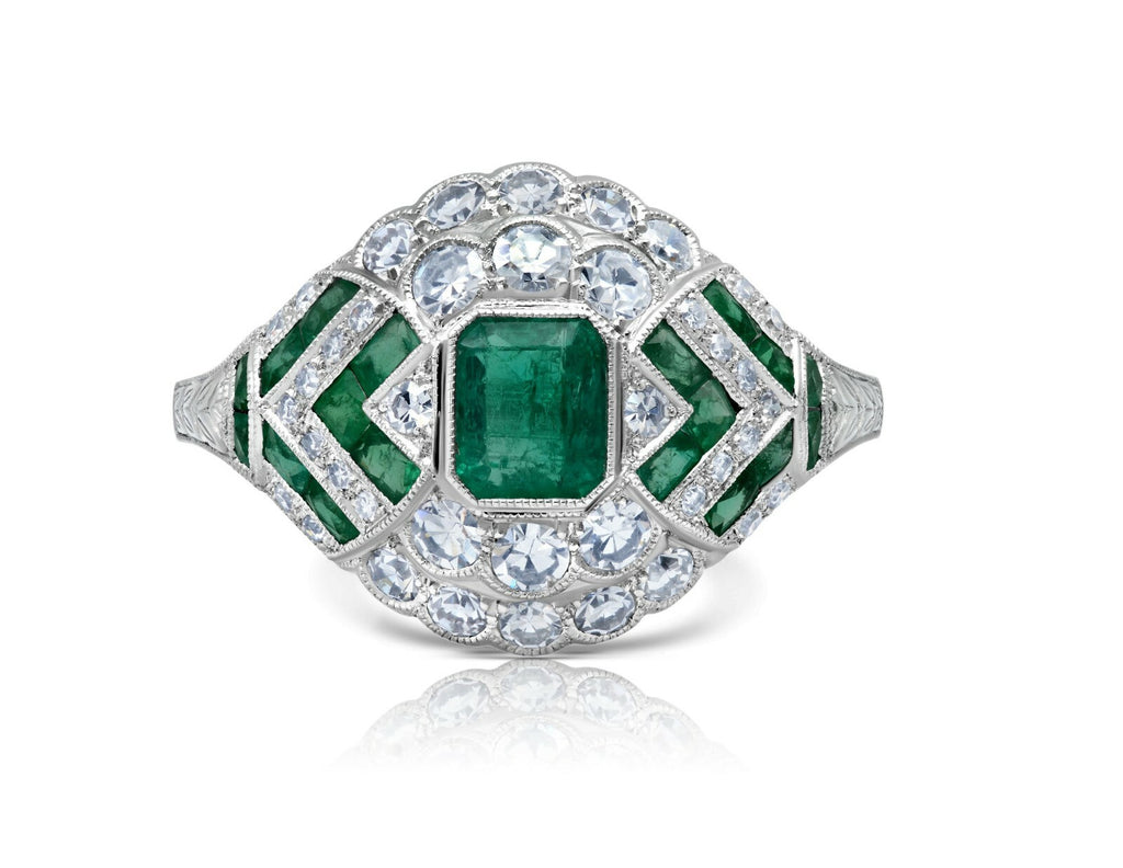 Emerald Diamond Platinum Ring Handmade Art Deco Antique Finish Natural Certified