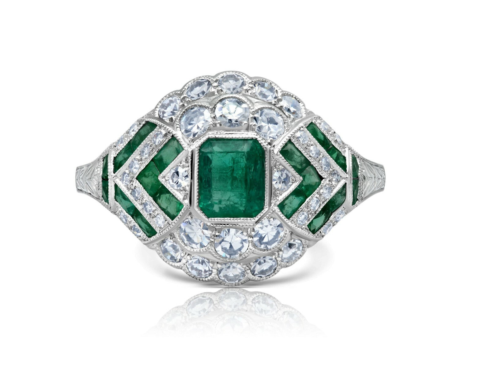 Emerald Diamond Platinum Ring Handmade Art Deco Antique Finish Natural Certified