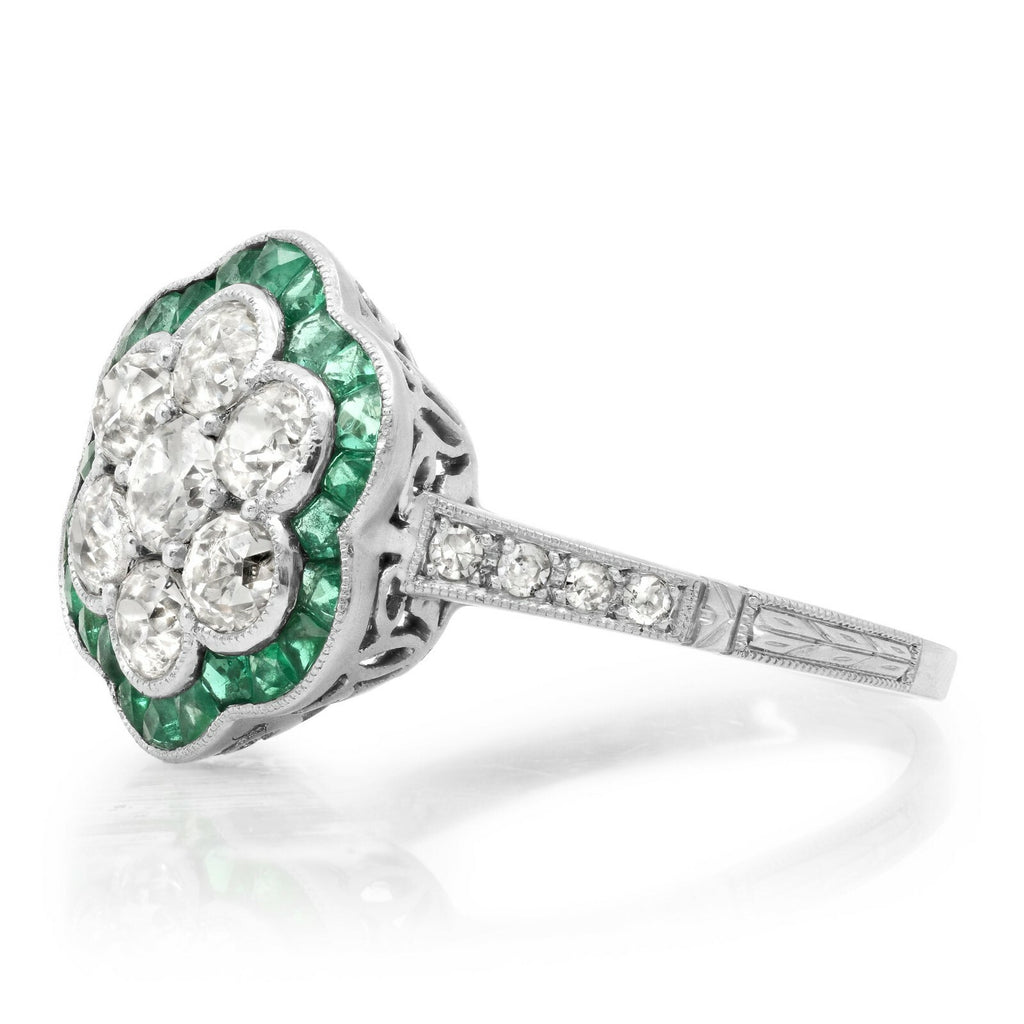 Diamond Emerald Platinum Flower Ring Art Deco Cocktail Handmade Natural 1.60 CTW