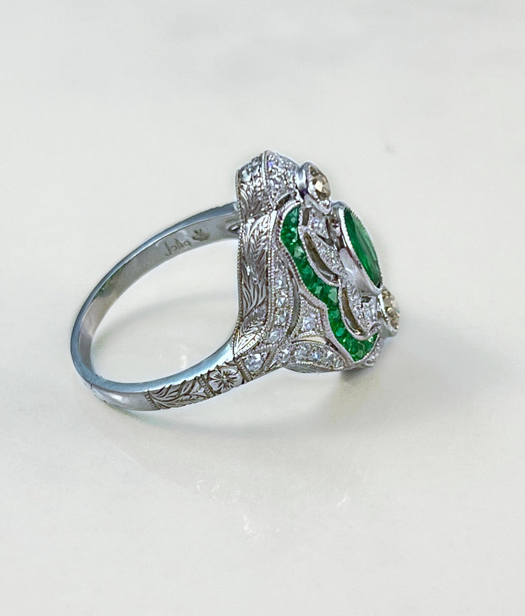 Art Deco Emerald Platinum Diamond Ring Cocktail Right Hand Old Mine European