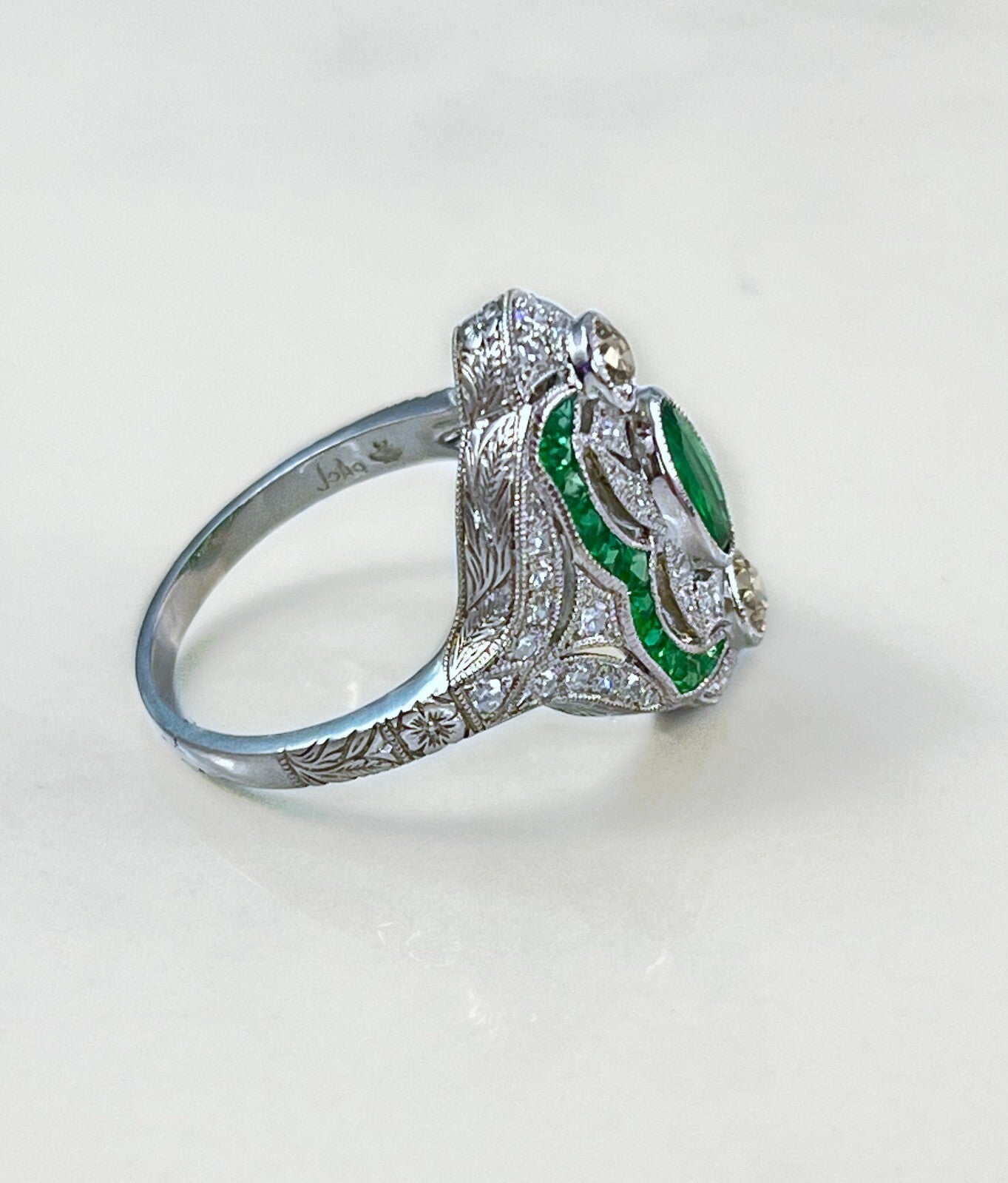 Art Deco Emerald Platinum Diamond Ring Cocktail Right Hand Old Mine European