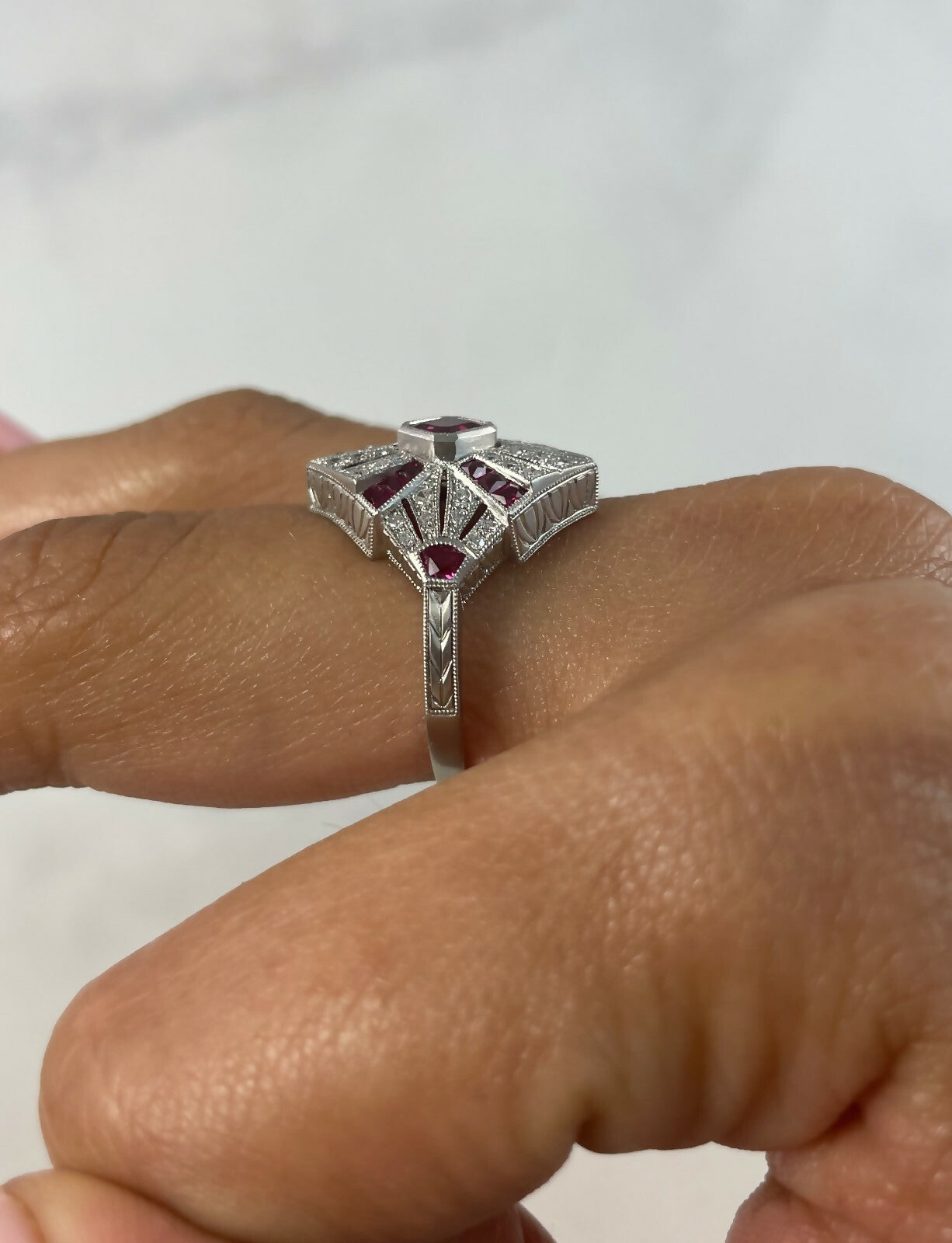 Princess Ruby Diamond Platinum Ring Art Deco Cocktail Vintage Antique Handmade