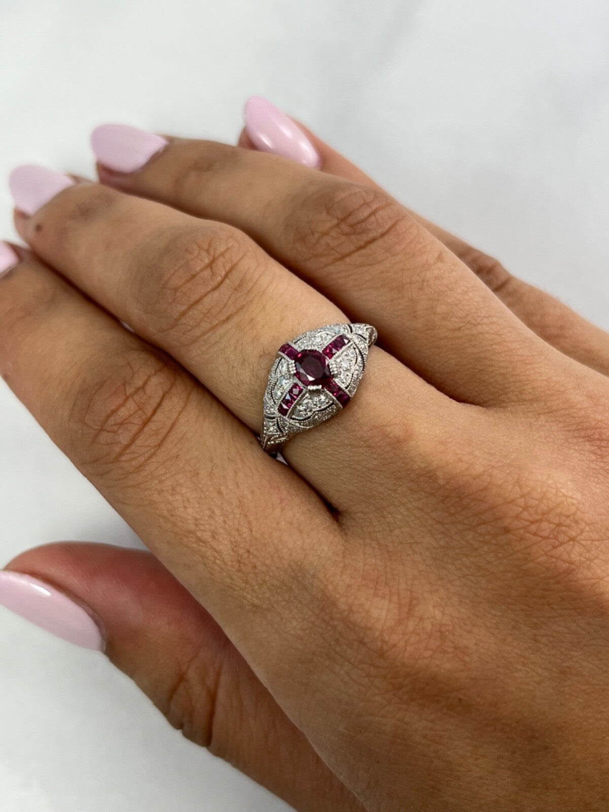 Art Deco Ruby Diamond Platinum Ring Antique Inspired Natural Handmade Certified