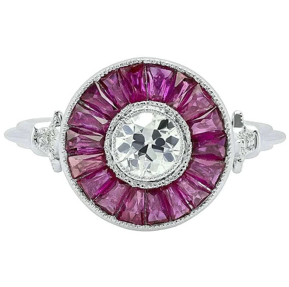 Diamond Ruby Platinum Engagement Ring Art Deco Natural Handmade French Cut