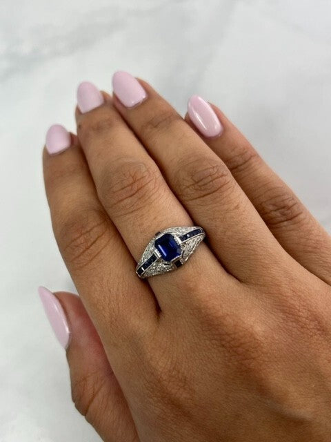 Blue Sapphire Diamond Platinum Engagement Ring Art Deco Natural